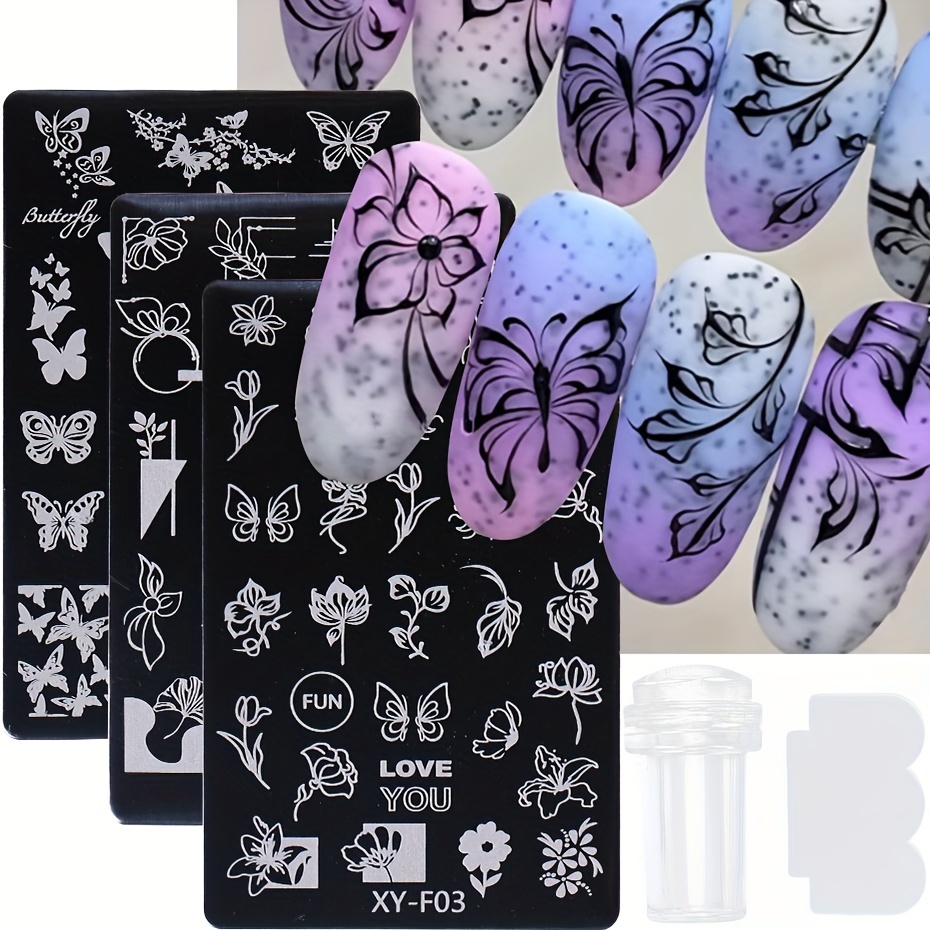 

4sheets Spring Nail Art Stamping Plate With Nail Stamper And Scraper, Drawing Template Flower And Butterfly Design Pattern 3d Stencil Printing Manicure Tool