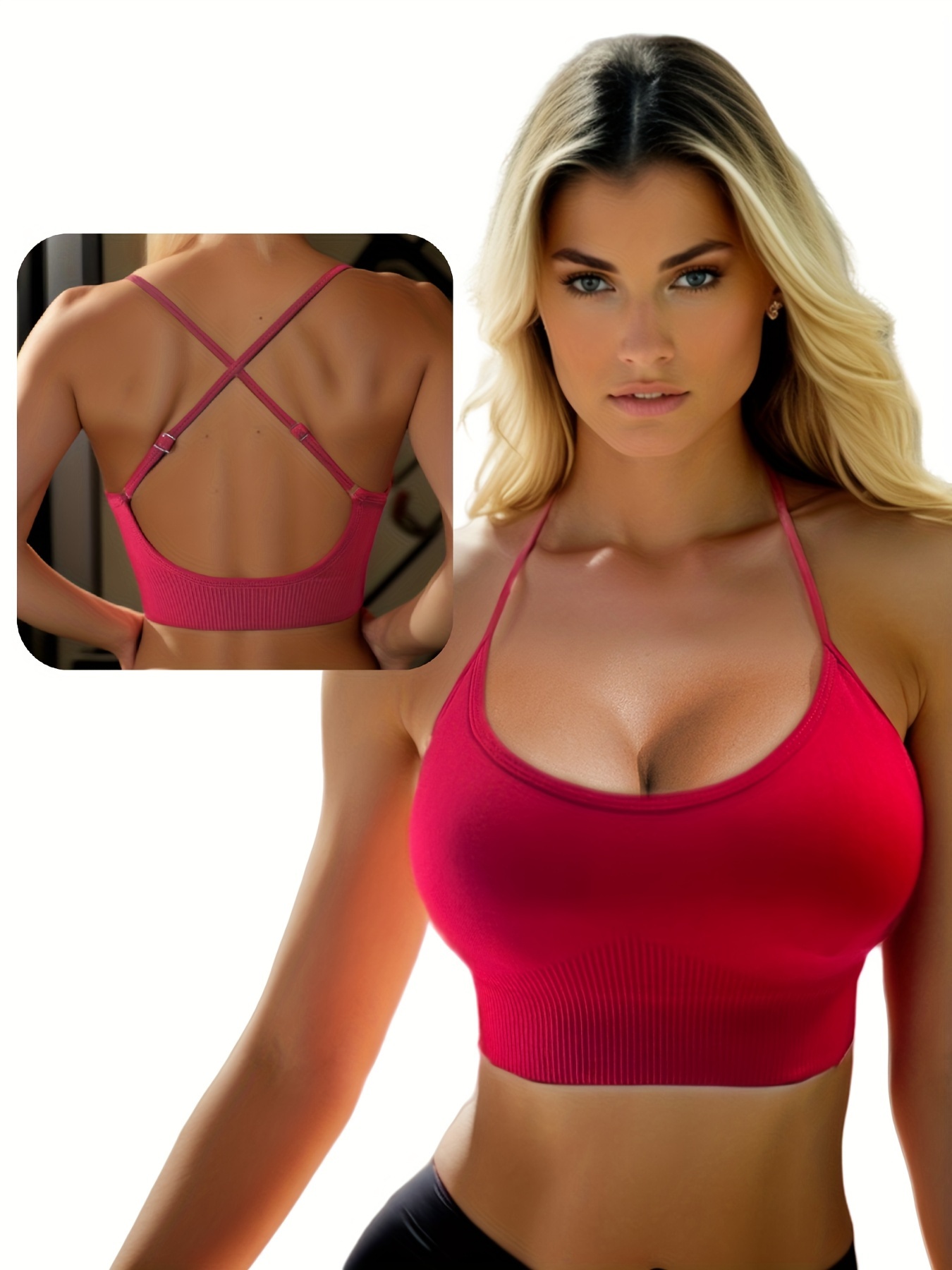 RQYYD Womens V-Back Hollow Longline Sports Bra - Padded Scoop Neck Workout  Crop Tank Top with Built in Bra Red S