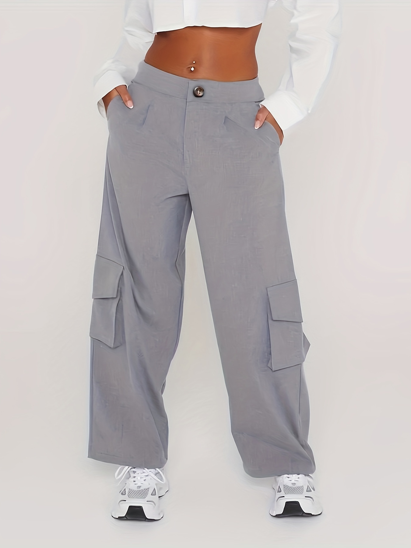 Solid Wide Leg Cargo Pants, Casual Flap Pocket Elastic Waist Baggy Pants,  Women's Clothing