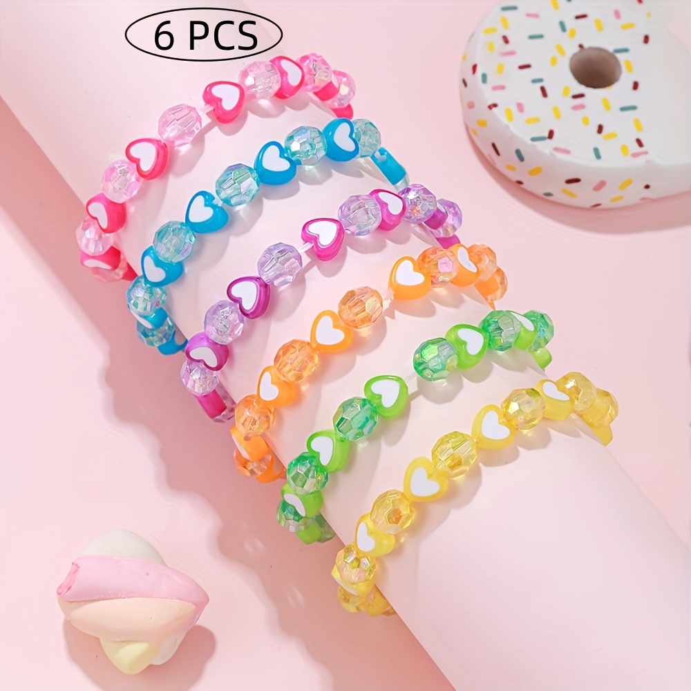 6pcs Handmade BFF Heart Beaded Stretchy Bracelet for Girls Kids Friendship Party Birthday Jewelry, Jewels Gift,Temu