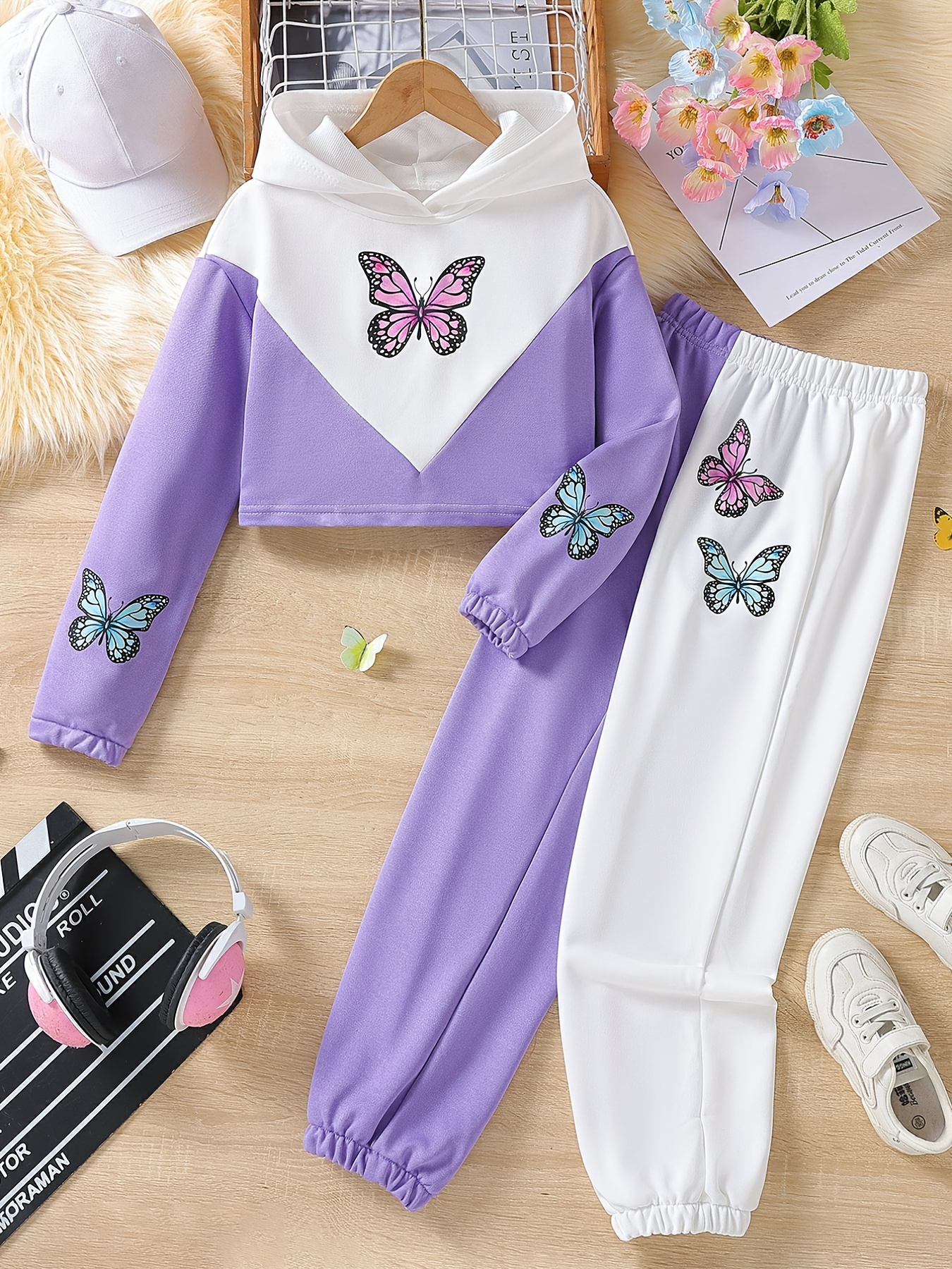 Girl's Color Clash Outfit Floral Pattern Hoodie Sweatpants - Temu