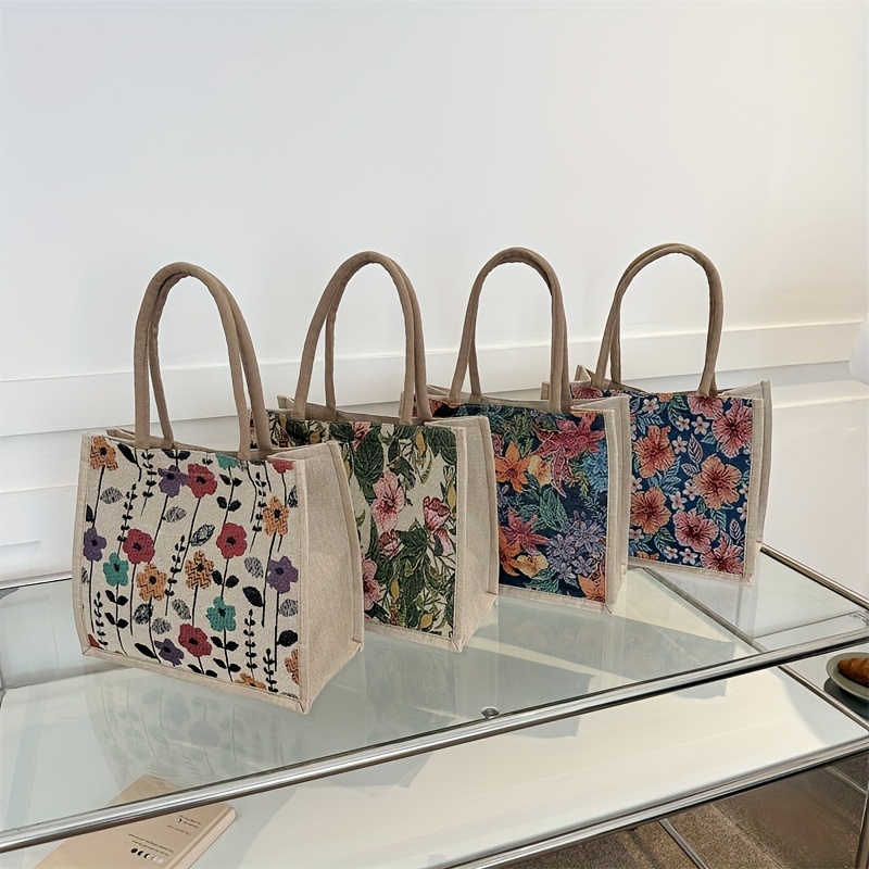 flower pattern canvas tote bag large capacity shoulder bag vintage handbag for shopping wedding holiday birthday parties