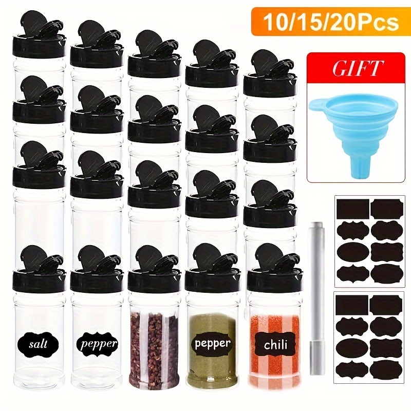 

10/15/20pcs, Clear Plastic Spice Jars With Label Sticer, Spice Bottles, Seasoning Containers, Seasoning Jars, Spice Shaker, Condiment Pots For Spice Pepper Herbs Powders, Kitchen Gadgets, Cheap Items
