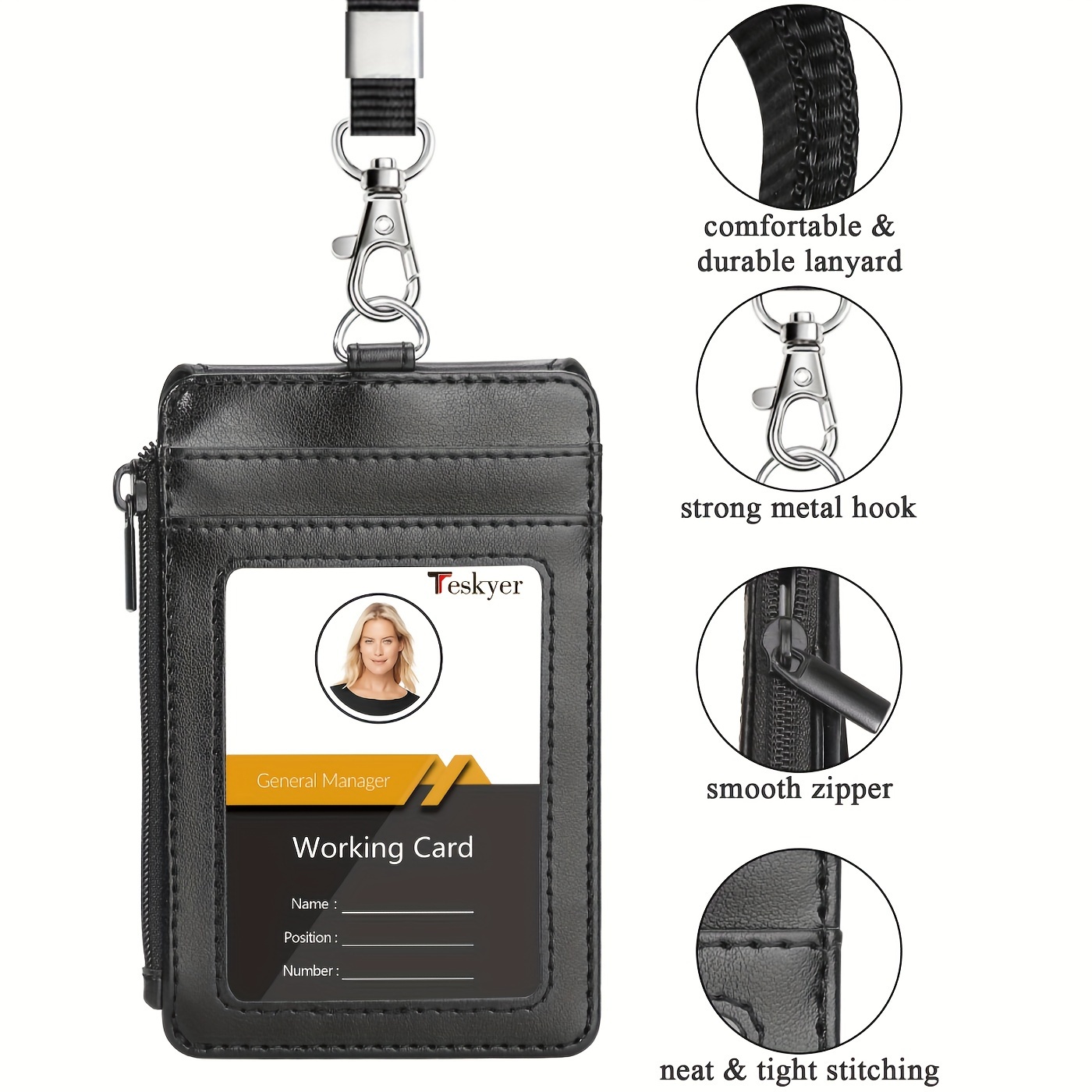 Arae Card Holder PU Leather ID Badge Holder with Vertical Clear ID Card  Window, 3 Card Slot, Resealable Zip Pocket and Nylon Neck Lanyard - 1 Pack