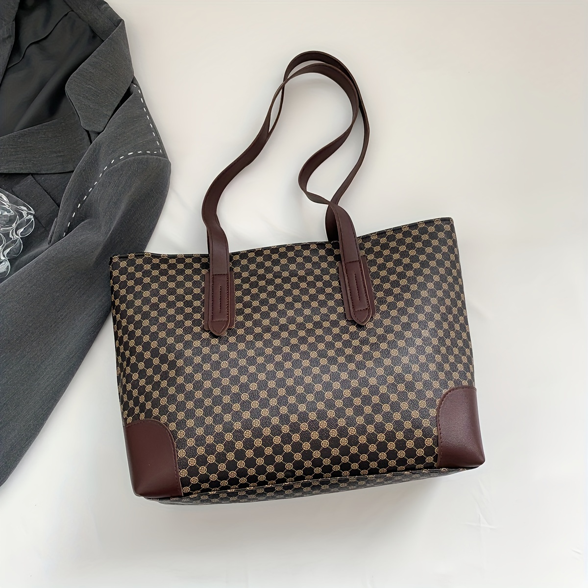 Vintage Geometric Print Tote Bag, Luxury Large Capacity Shoulder