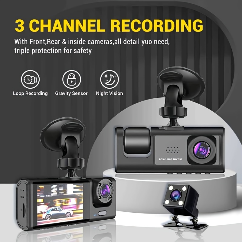 3-Kanal-Dashcam Vorne Und Hinten Innen, 1080P Dashcam IR-Nachtsicht,  Loop-Aufnahme, Auto-DVR-Kamera, 3 Objektive Mit 5,08 Cm IPS-Bildschirm, 3  Kameras