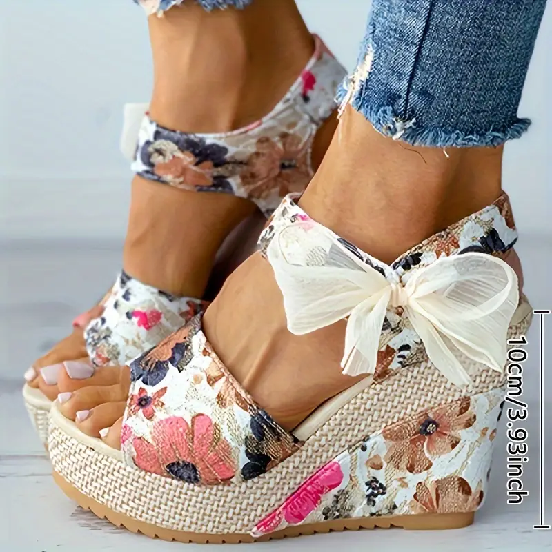 womens floral print wedge sandals peep toe bowknot strap platform shoes casual hoho beach shoes details 2
