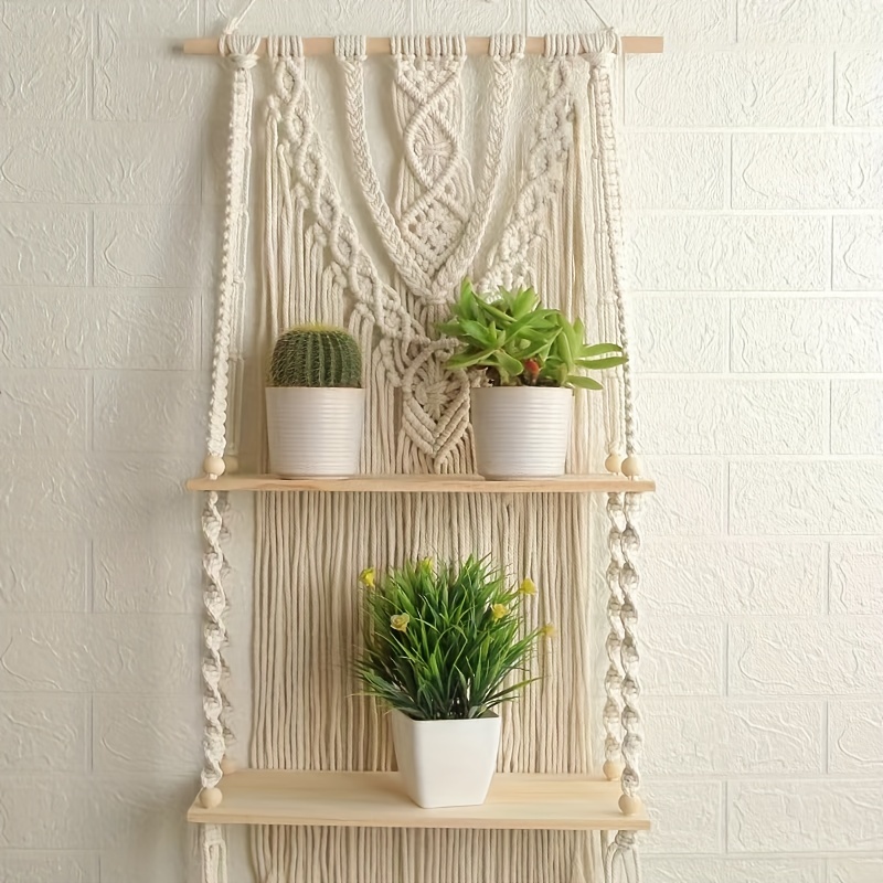 Estantes colgantes de pared, estante flotante de cuerda oscilante, estantes  de almacenamiento colgantes de bambú de 2 niveles para sala de