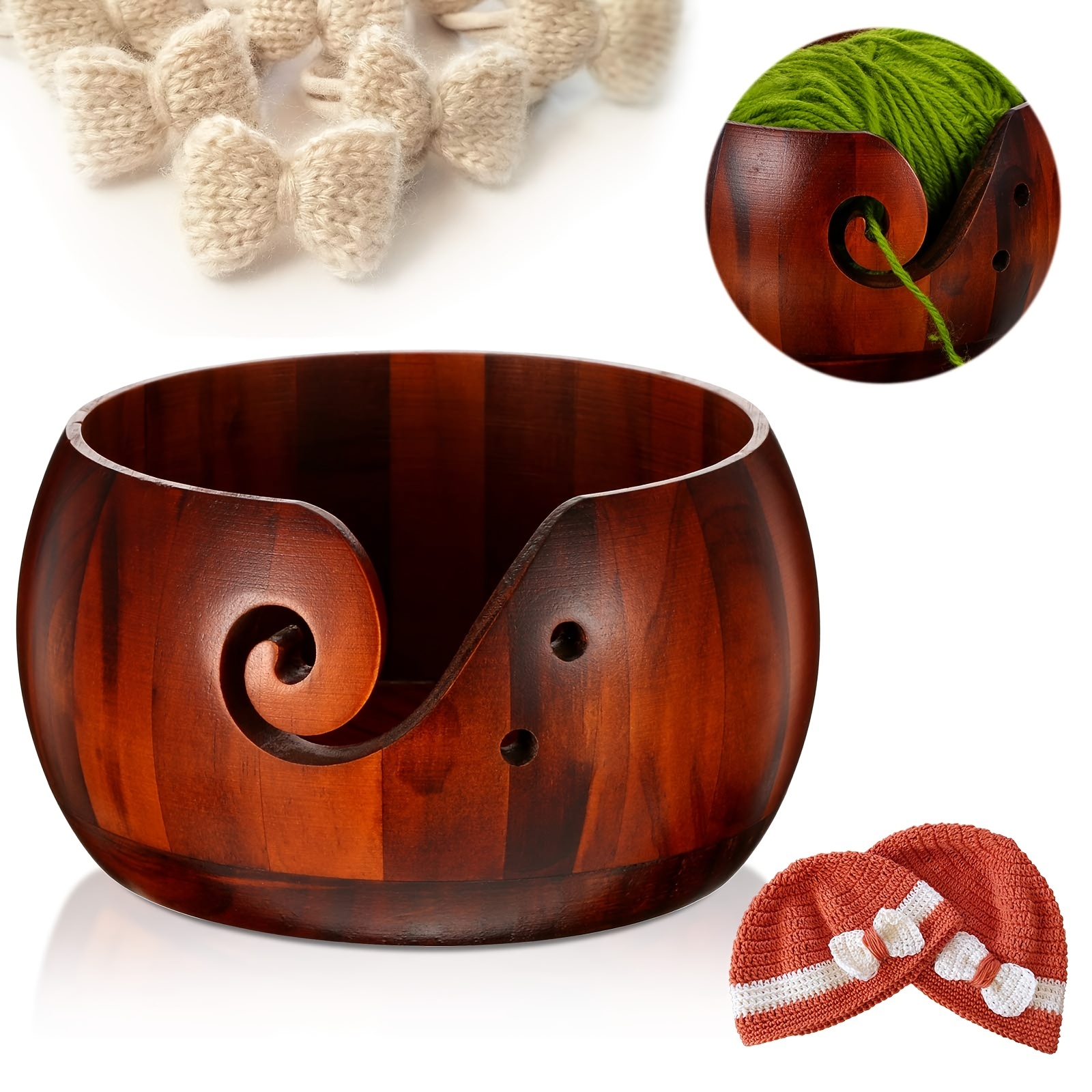 Wooden Yarn Bowl,Yarn Bowls with Lid for Knitting Crochet Yarn Ball Holder  Handmade Yarn Storage Bowl,Dark Wood