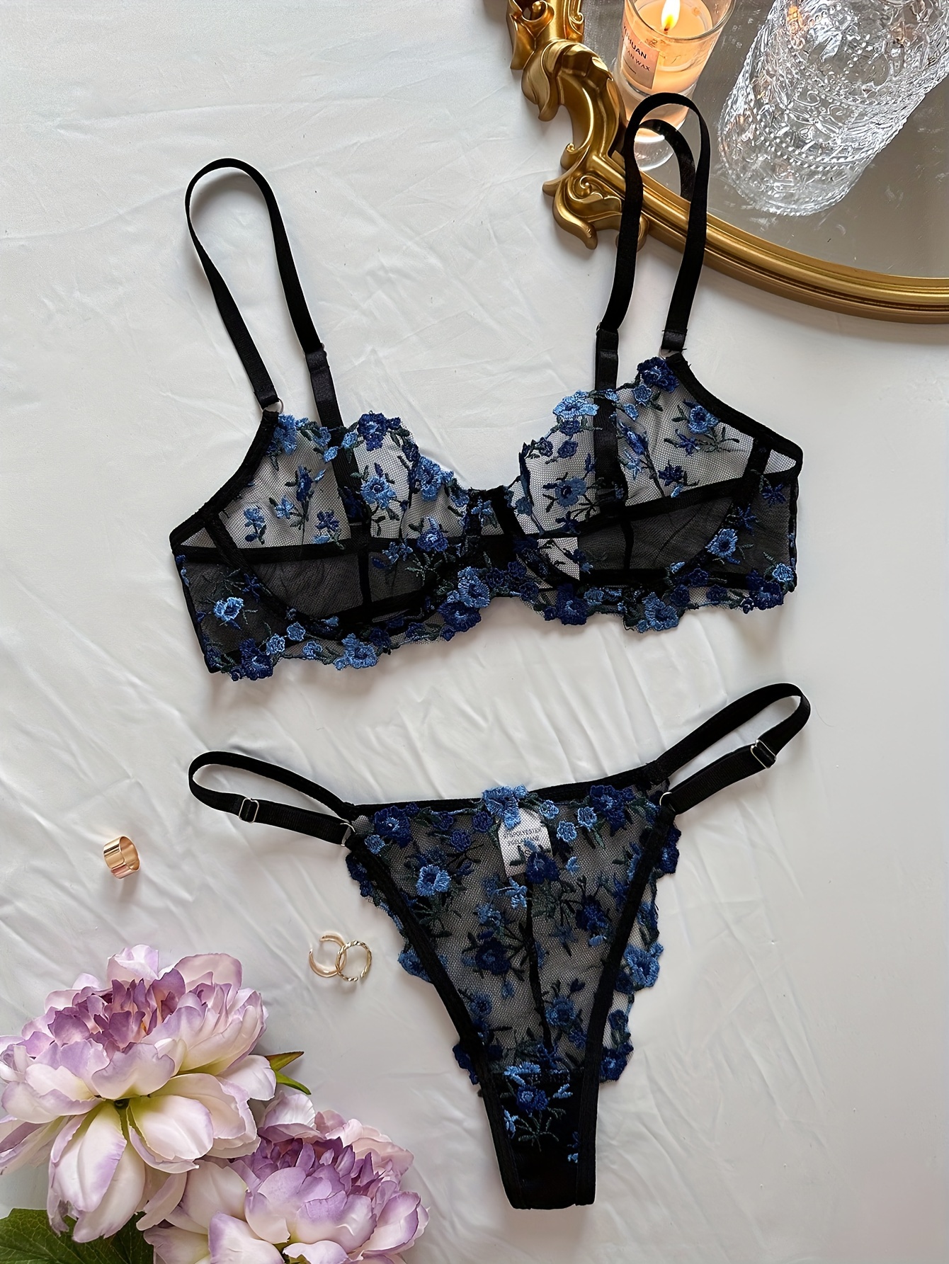 Floral Lace Matching Lingerie Set Semi Sheer Embroidered - Temu Canada