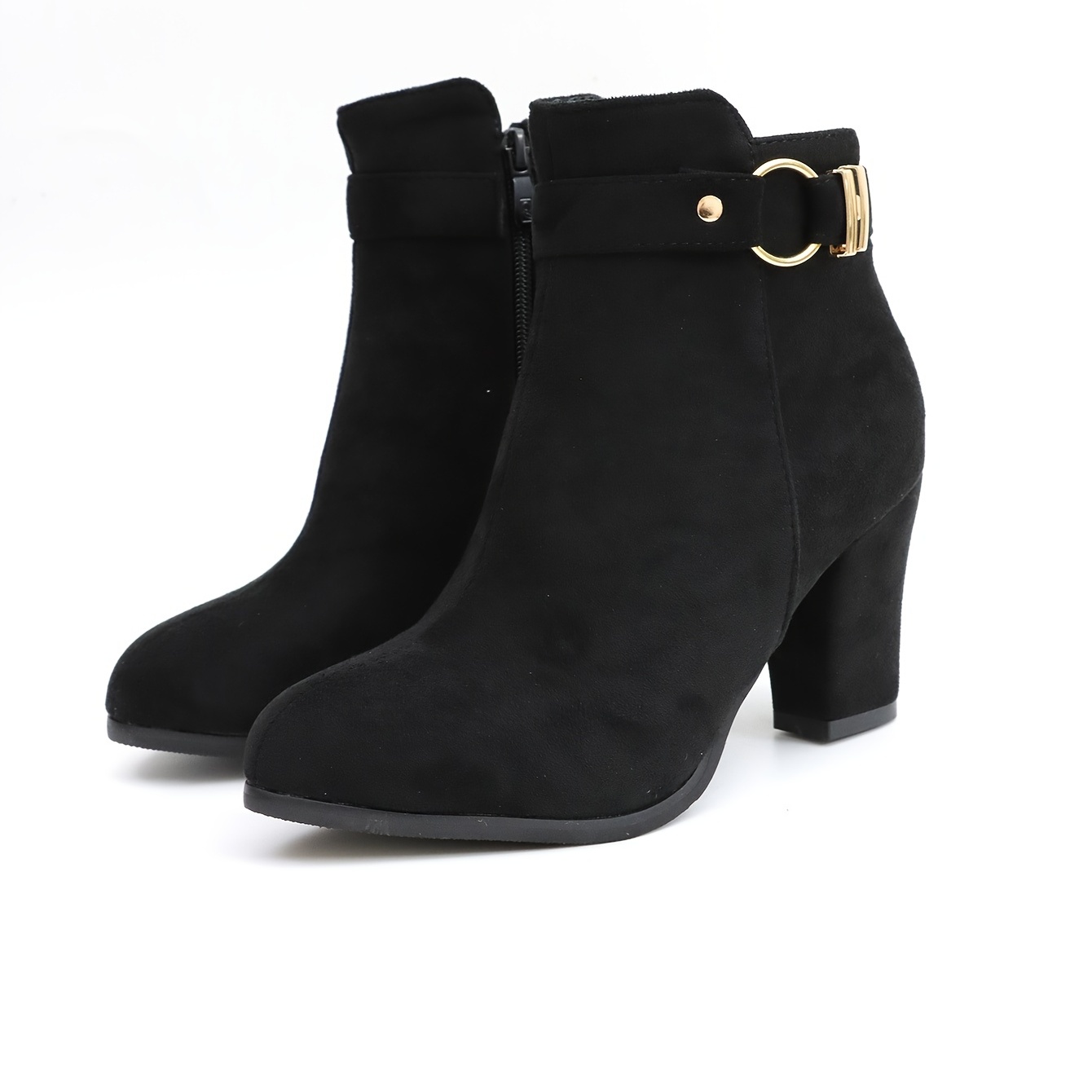 Women's Black Chunky High Heel Ankle Boots, Metal Buckle Decor Side Zipper  Shoes, Comfortable Short Boots - Temu Belgium