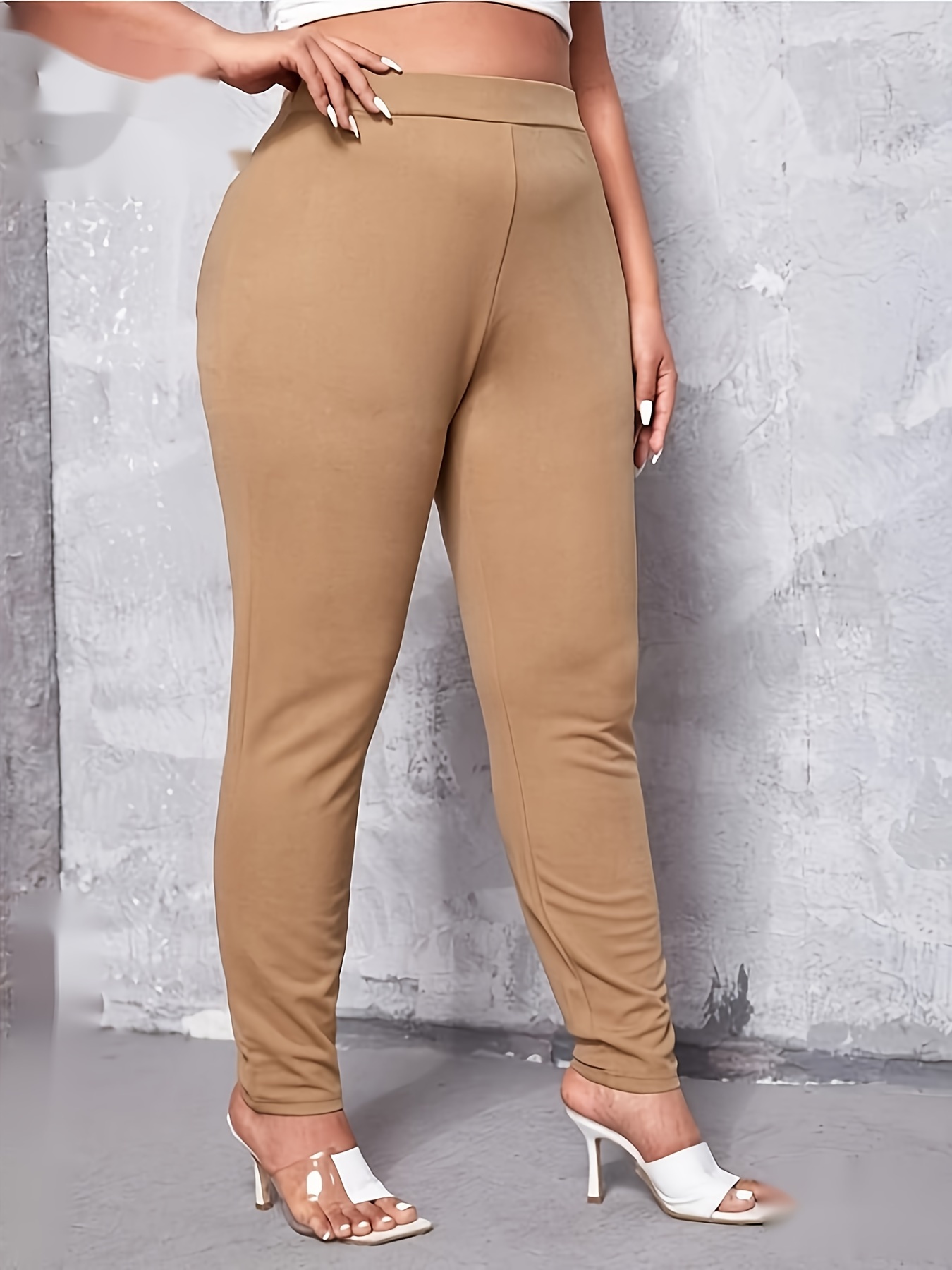 Plus Size Solid Pocket Leggings Casual High Waist Stretchy - Temu