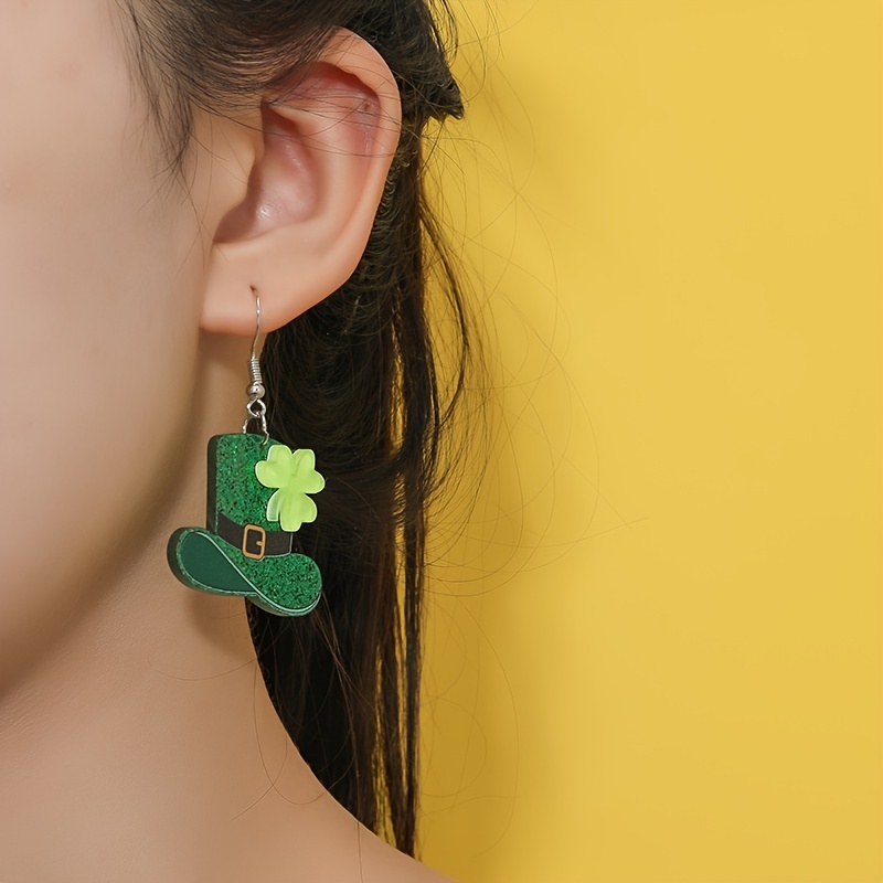 St. Patrick's Day Shamrock Irish Hat Long Dangle Earrings Women Girls Green  Lucky Earring Party Favors