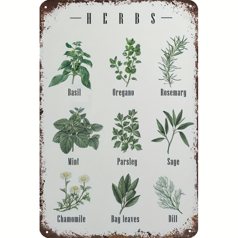 

1pc, Retro Metal Tin Sign Herbs List, Valentine's Day Sign Funny Novelty Home Kitchen Bar Shop Decorations Restaurants Cafes Club Garden Coffee Vintage Signs Gift (11.8"x7.87"/30cm*20cm)