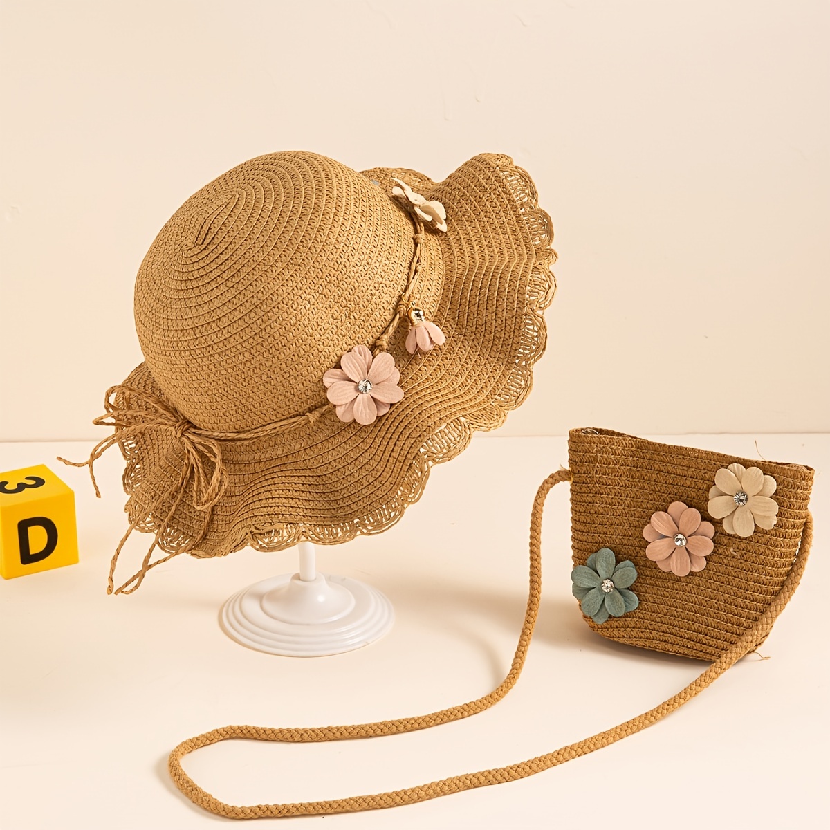 Summer Children Girls Big Bow Straw Hat Cute Shoulder Bag Outdoor UV  Protection Cap Beach Hat