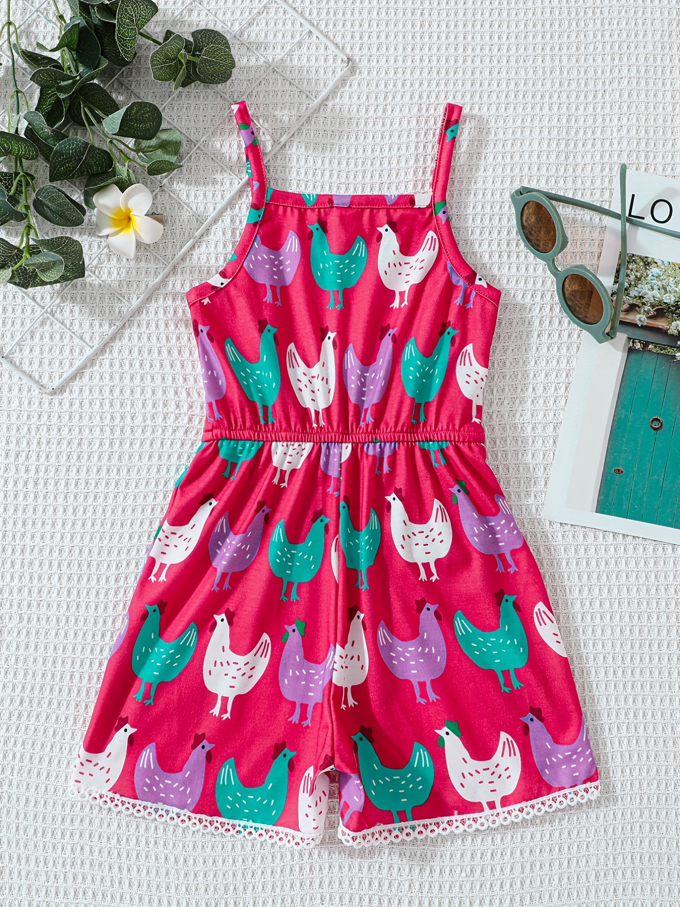 Girls' Chicken Farm Print Romper Jumpsuit