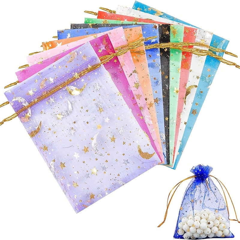 

20pcs Colorful Organza Drawstring Bags, Star And Moon Pattern Mesh Bags For Gift Packaging, Jewelry Storing