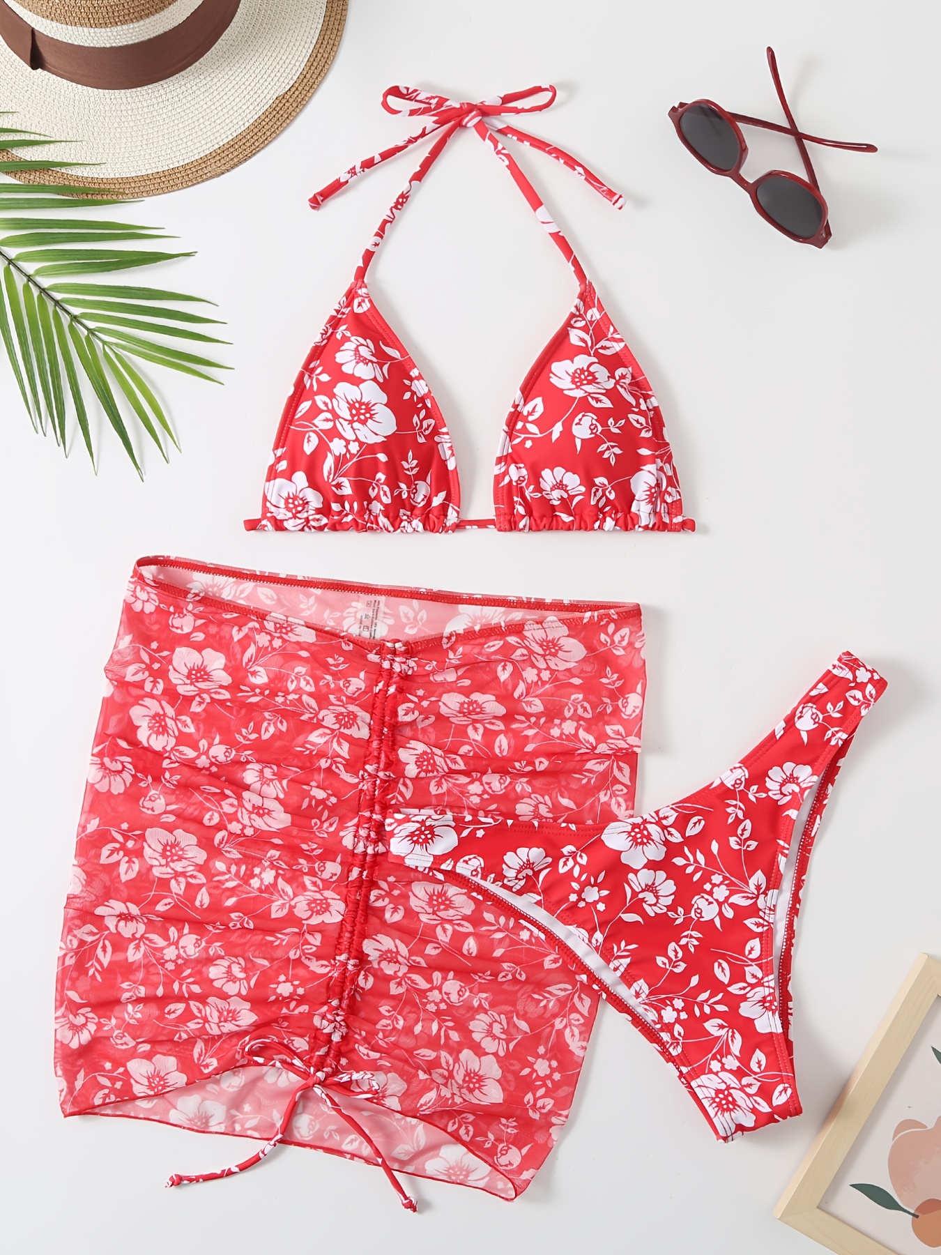 Floral Applique Mesh Triangle Bikini Two Piece Swimsuit – Rose