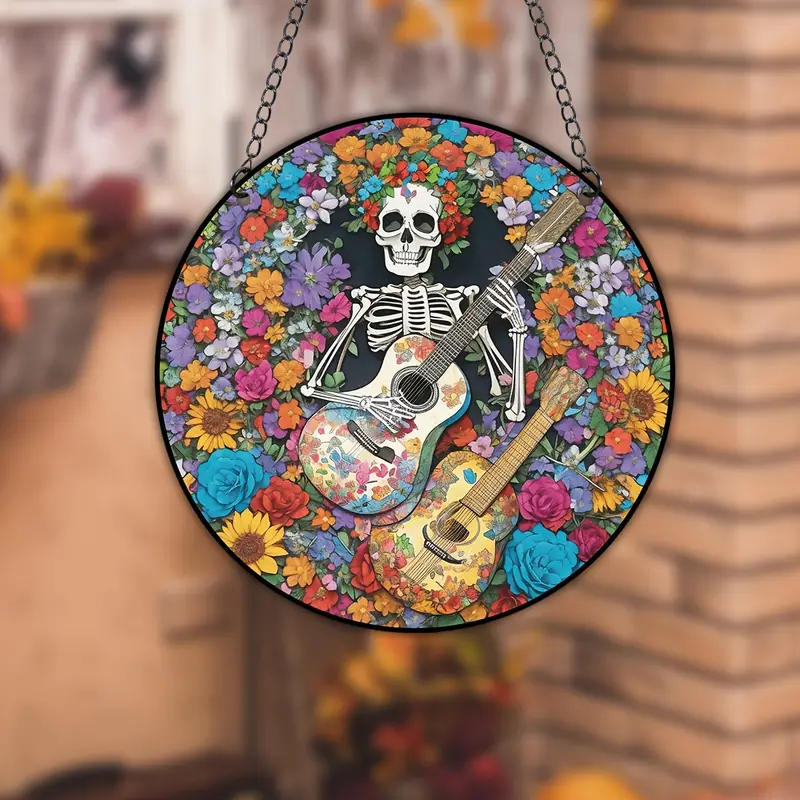 1pc stained skull artwork suncatcher window hanging easy to hang halloween for gift home deco unique wall decorations festival or workmates a gift details 6