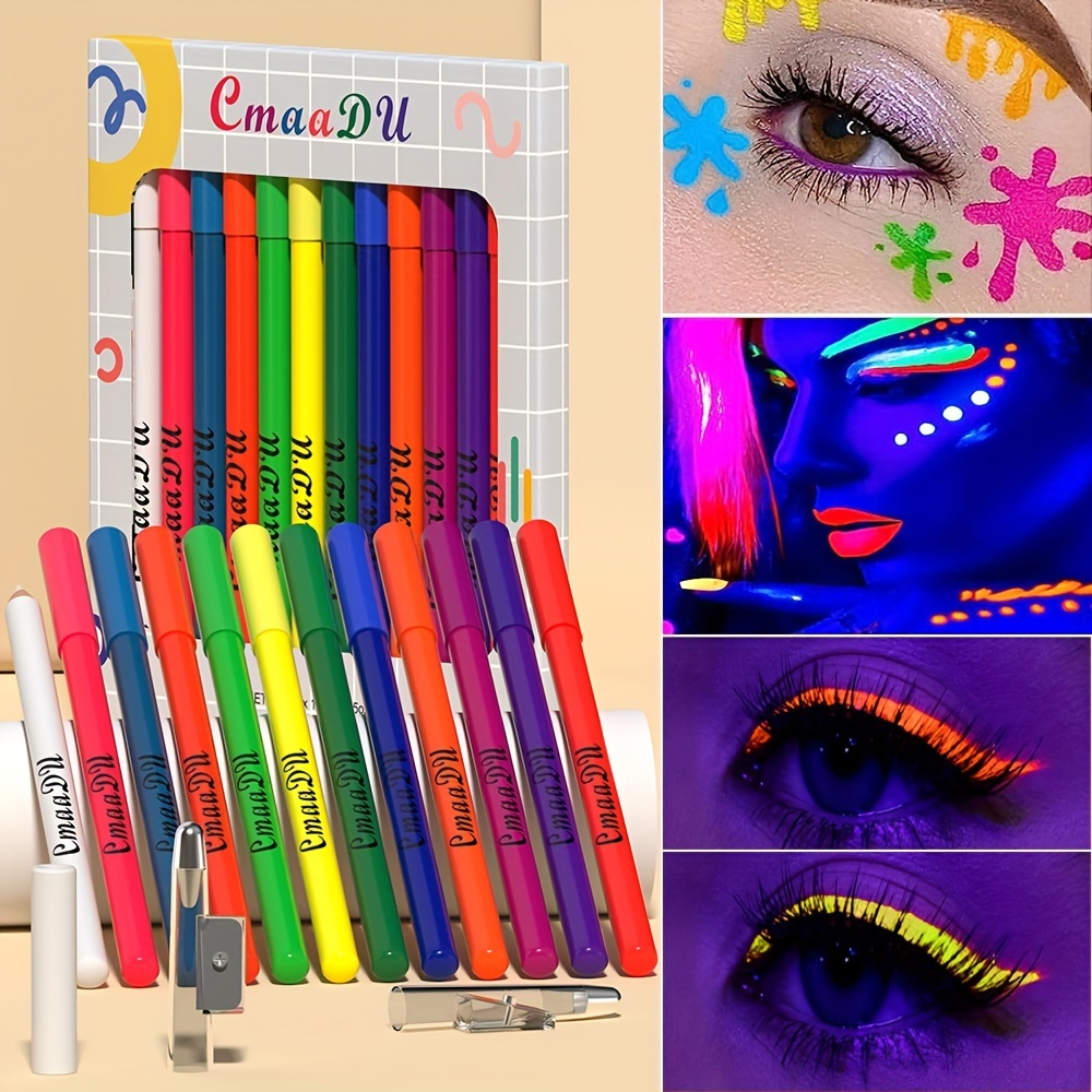 

12 Colors Fluorescent Eyeliner Pen, Uv Glow Neon Eyeliner Pencil Set Kit, Rainbow Matte Colored Colorful Liquid Eyeliners Pen Set Waterproof Long Lasting High Pigmented For Body Face Painting