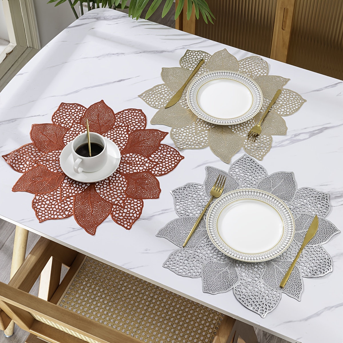 Set of 6 PVC Placemats Hollow Out Flowers Place Mats for Dining