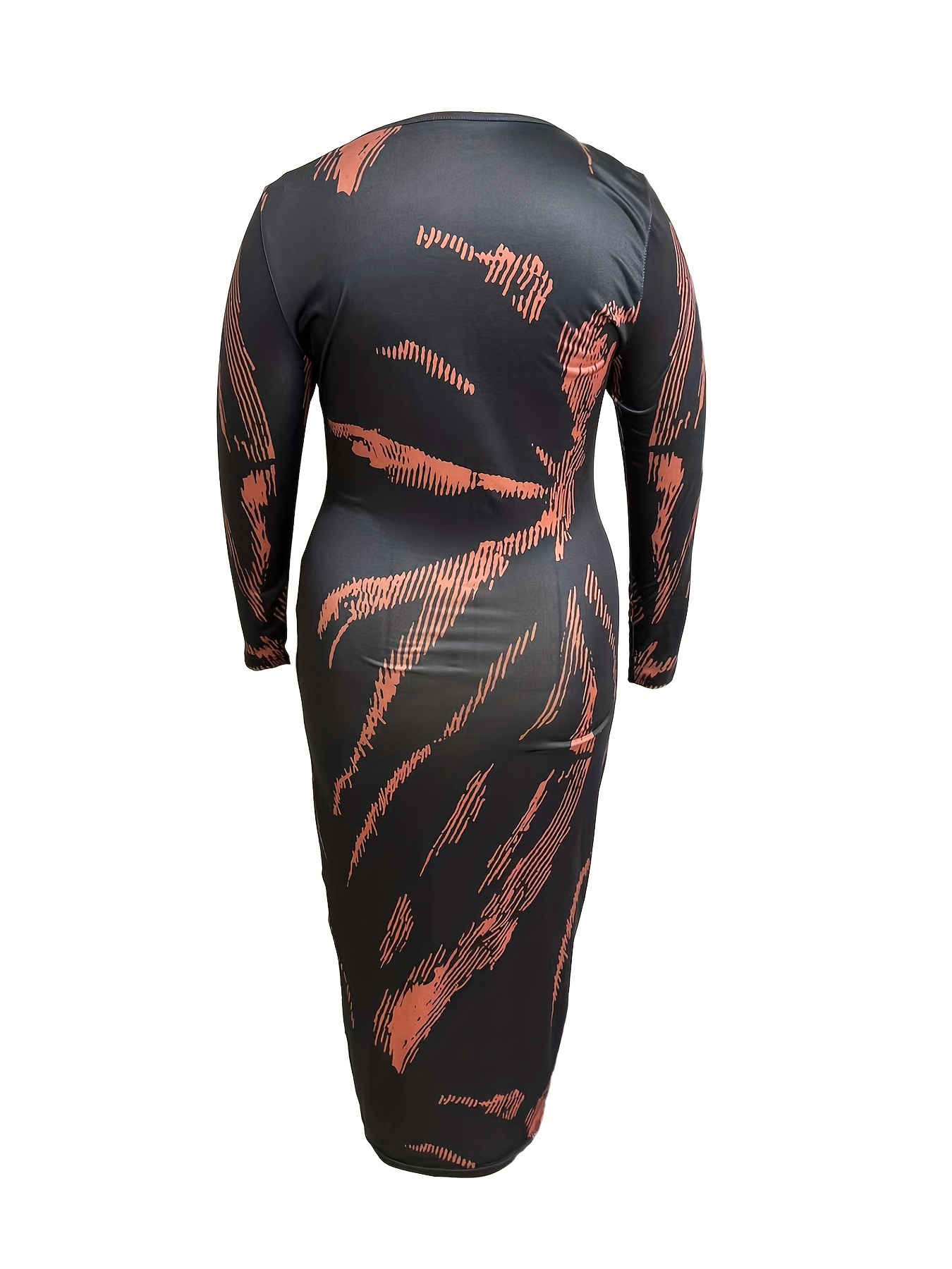 Plus Size Line Print Long Sleeve Bodycon Maxi Dress, Women's Plus Medium  Stretch Sexy Dress