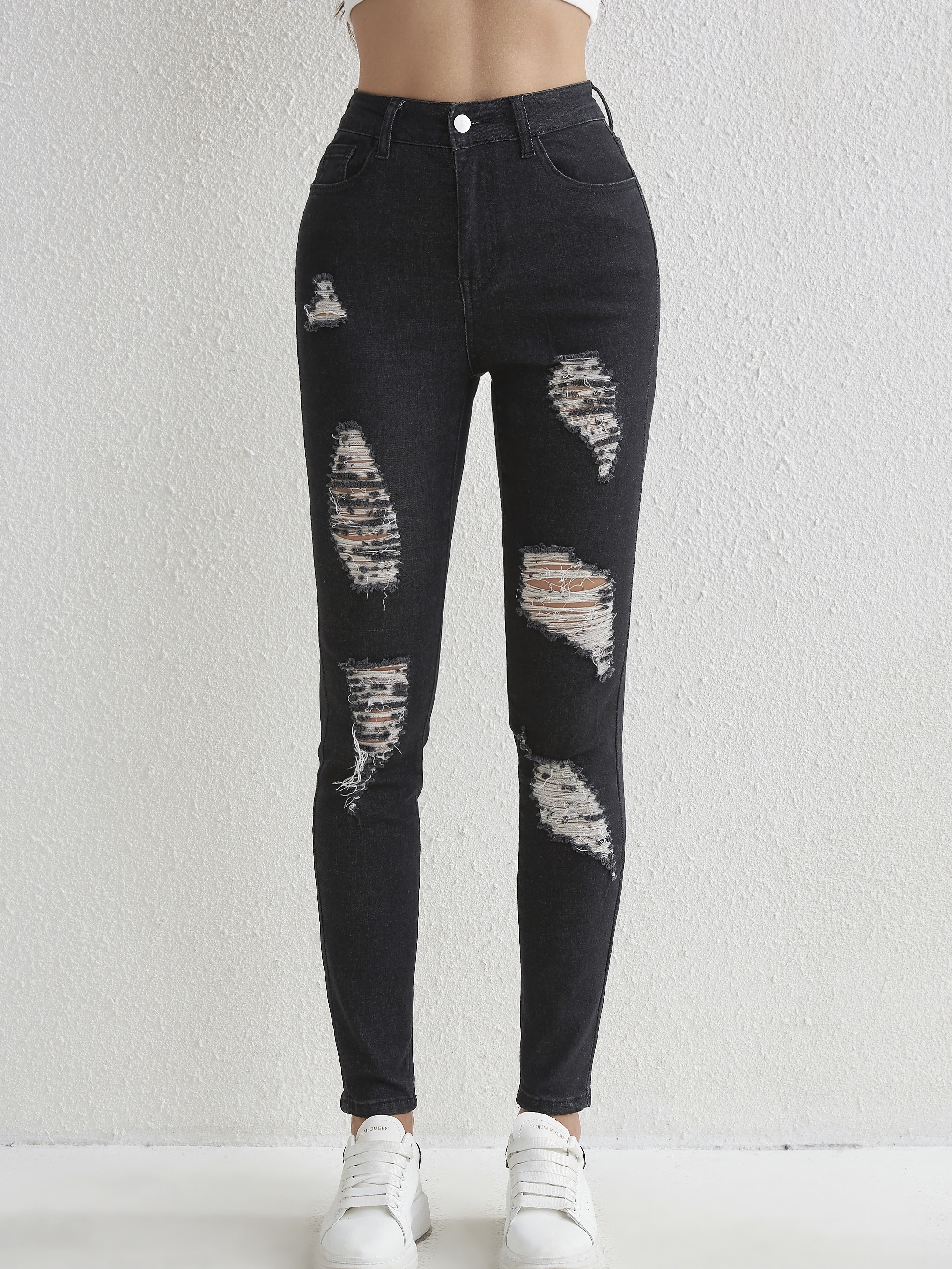 Black Ripped Holes Skinny Jeans Slim Fit Distressed High - Temu