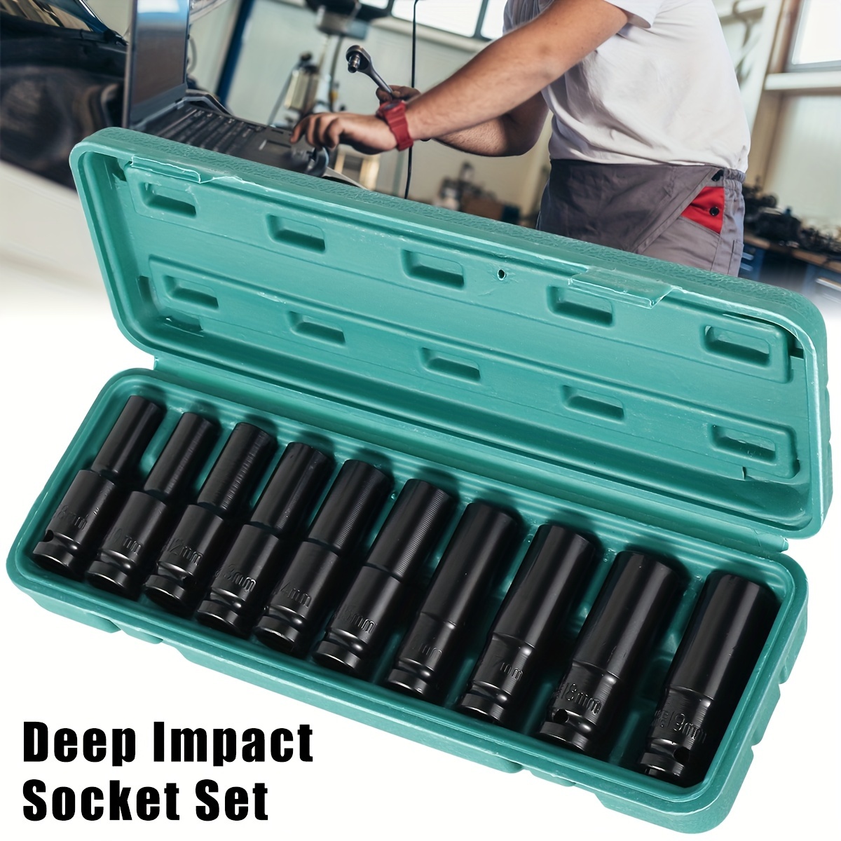 

10pcs Deep Impact Socket Set Drive Metric Wrench Socket 8 To 19mm Heavy Duty Pneumatic Wrench Tire Removal Tools Wear-resistant Portable Impact Socket For Truck Garage Repair