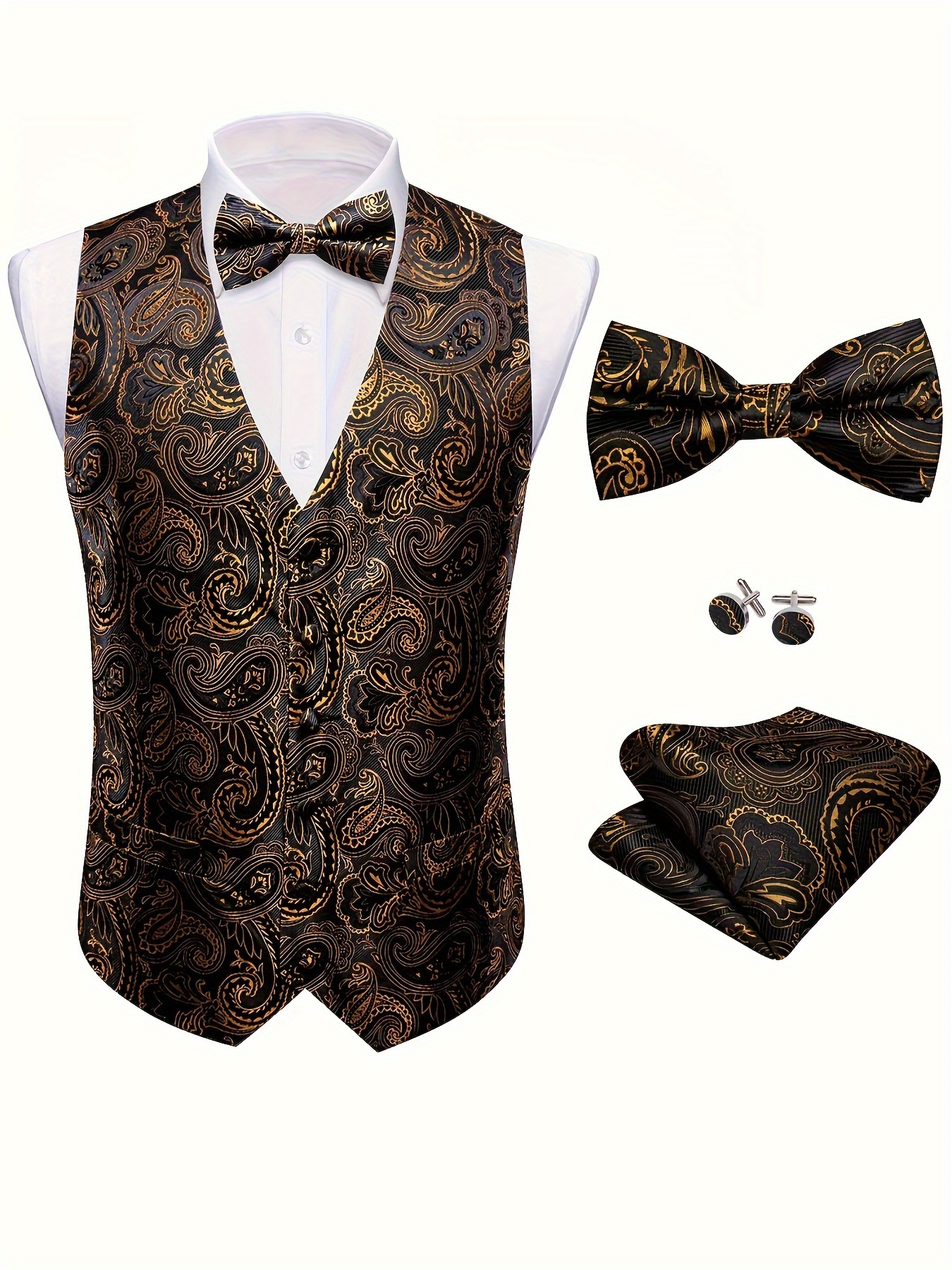 Paul Malone Wedding Vest Set Cappuccino 5pcs Tuxedo Vest + Necktie + A Gold Wedding Tuxedo Vest Set \u2013 Paul Malone