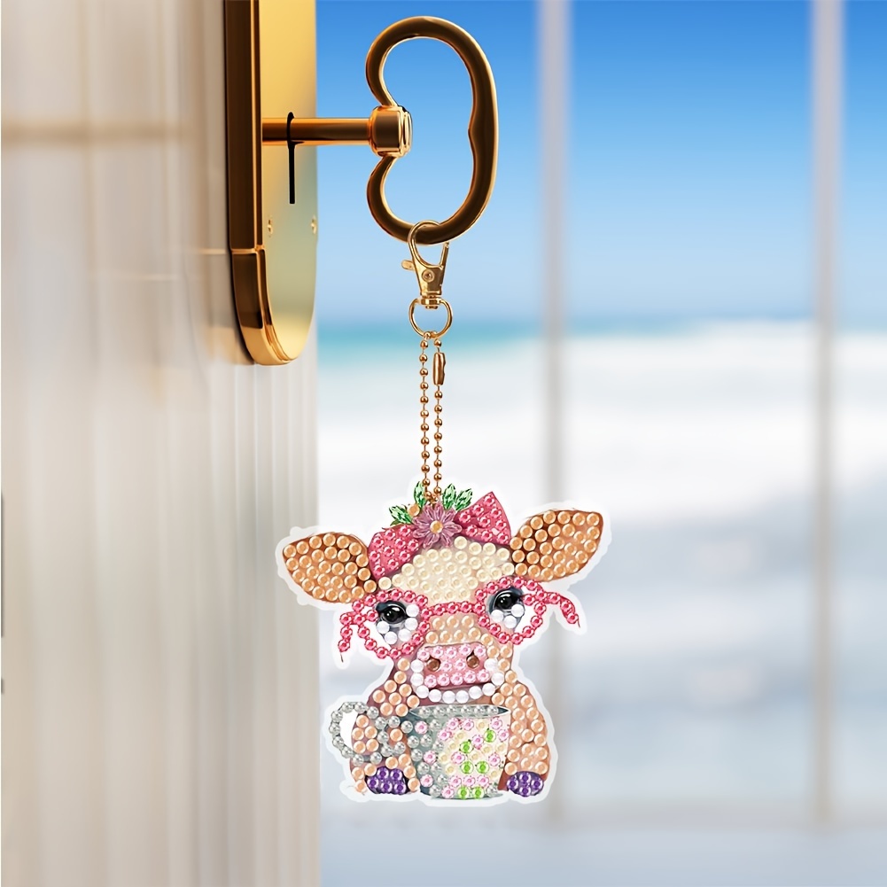 6Pc Set of Double-Sided Diamond Painting Keychains - Car, Cow,  Flower and Butterfly DIY Pendant Decorations - Cartoon Digital Painting Kit  - Perfect for Easter, Christmas, Backpacks, and More!