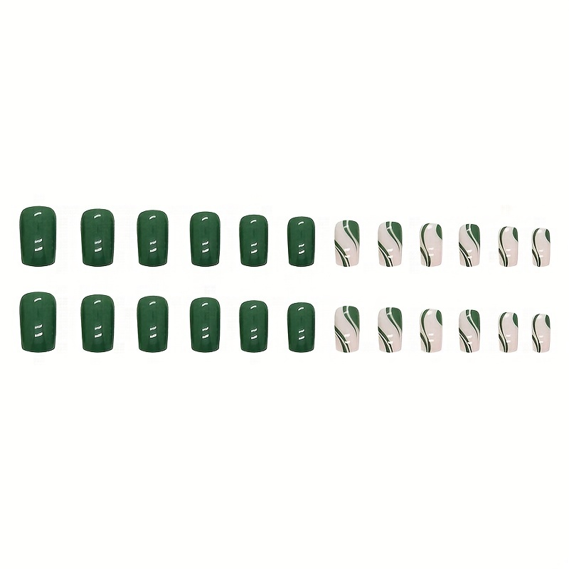 24pcs glossy medium square fake nails summer fresh green press on nails with wave stripe design minimalist style full cover false nails for women girls details 0