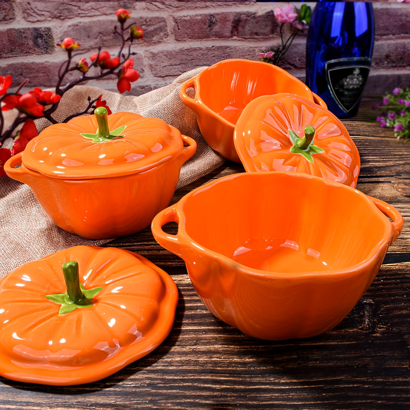 

1pc Orange Ceramic Pumpkin Soup Bowl With Lid, Pumpkin Shape Storage Jar, Ceramic Pumpkin Dessert Bowl, Kitchen Items