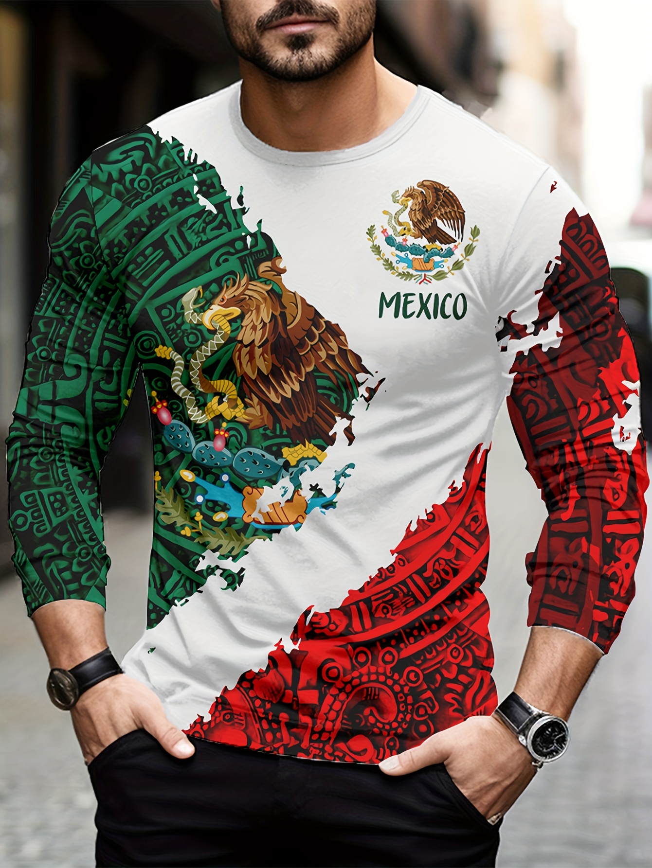 Mexico Eagle Pattern Men's Color Block Long Sleeve Crew Neck T-shirt,  Spring Fall, Special Gift