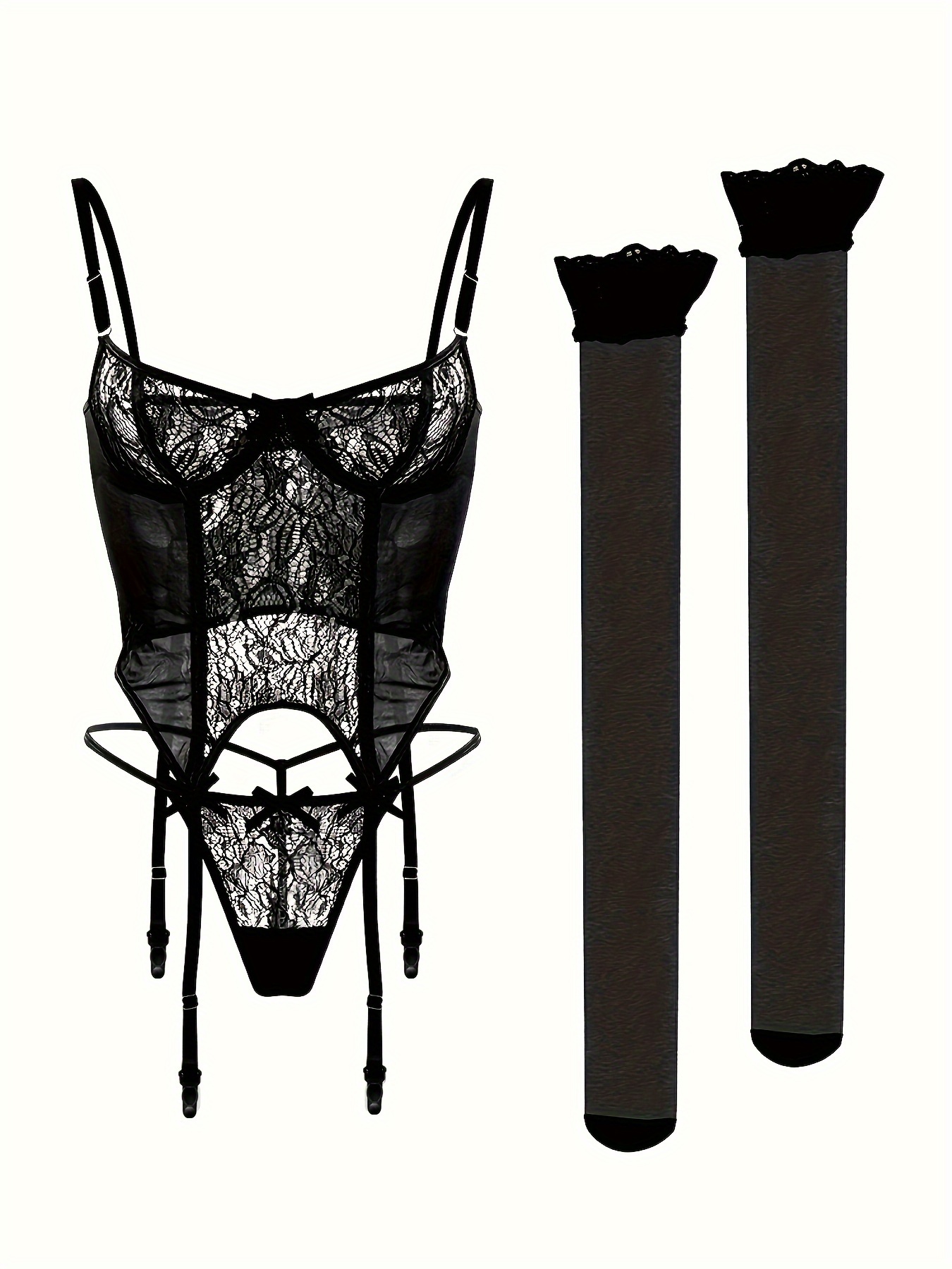 Sexy Floral Mesh Lingerie Set, Sheer Lace Bra & Garter Belt G-String With  Lace Stockings, Women's Sexy Lingerie & Underwear