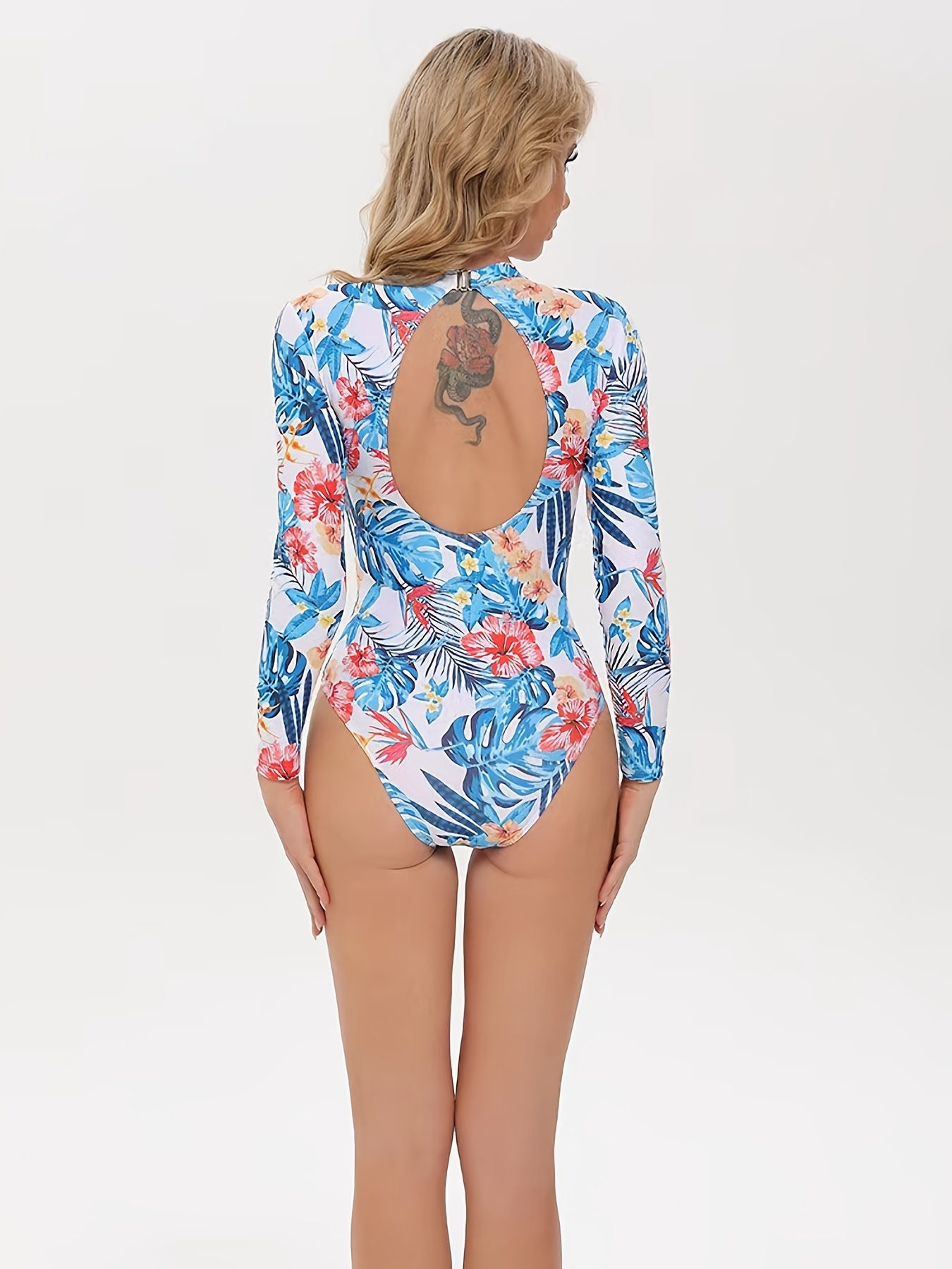 Tropical Print One Piece Swimsuit, Round Neck Zip Front Tummy Control Long  Sleeves High Cut Bathing Suit, Women's Swimwear & Clothing
