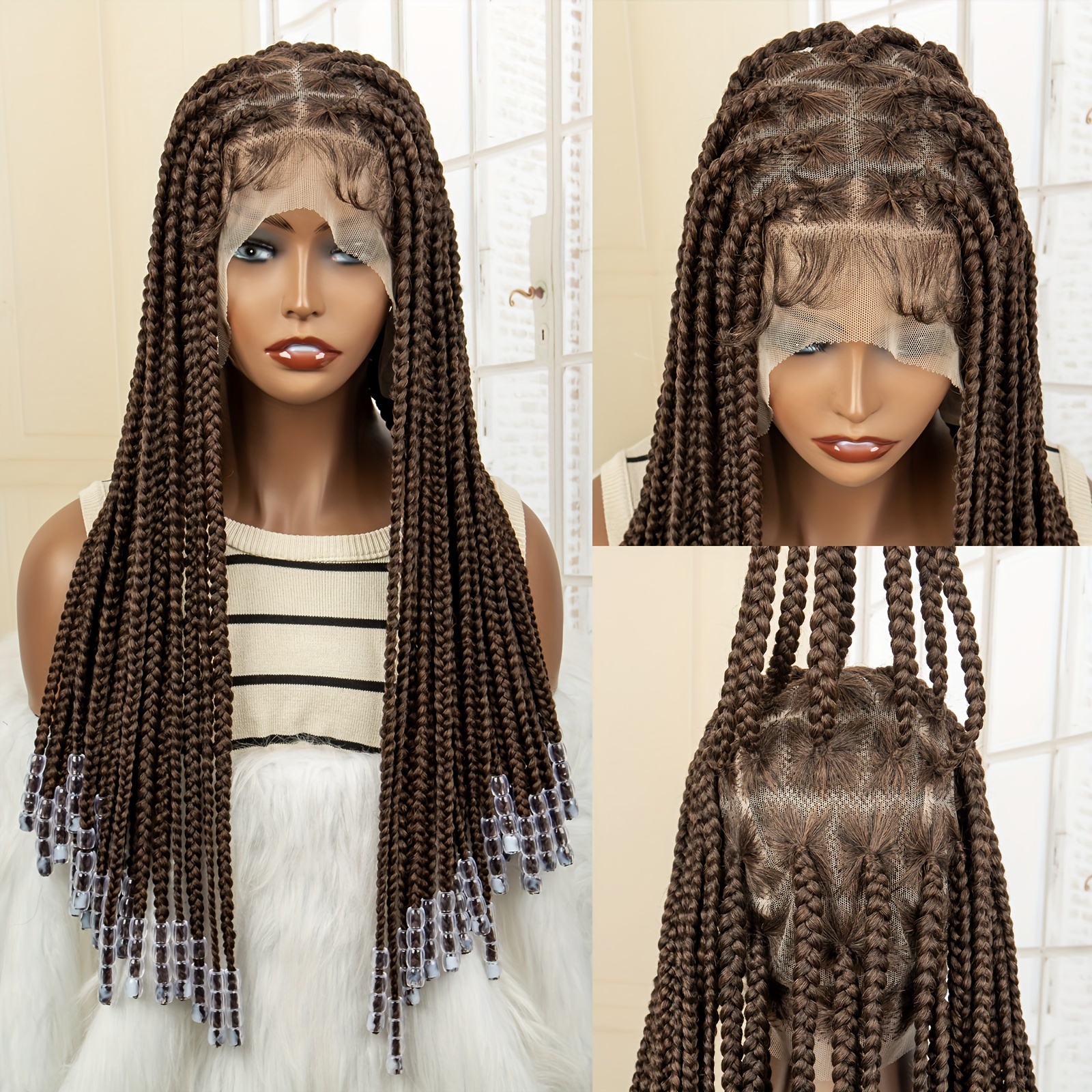 Box Braided Synthetic Wigs Full Ace Braided Wig Goddess Box Braids With Beads Ends Lace Wig Braided Wigs For Women 1B 30