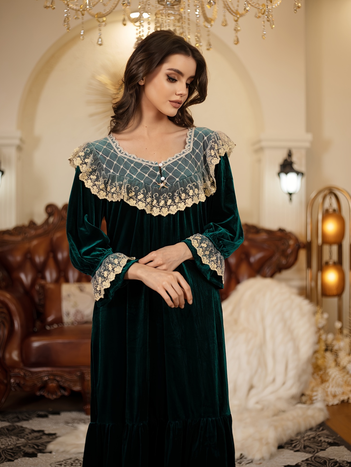Women Wi Warm Loose Nightgown Ankle Length Long Sleeves Velvet