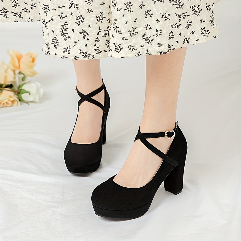 Women's Platform Chunky High Heels, Black Round Toe Ankle Buckle Strap Pumps,  Versatile Dress Heels - Temu