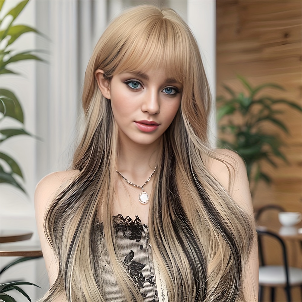 Ombre Golden Black Bangs Long Body Wave Synthetic Wigs Women Temu