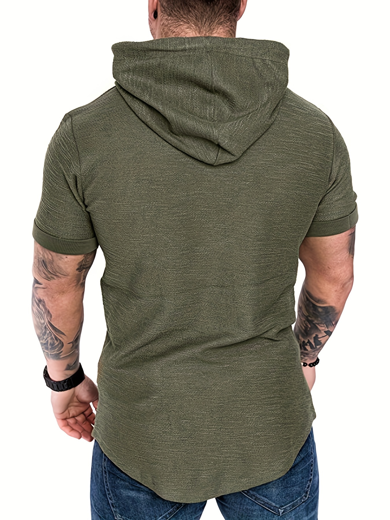 Men's Curved Hem Hooded T shirt Short Sleeve Drawstring - Temu