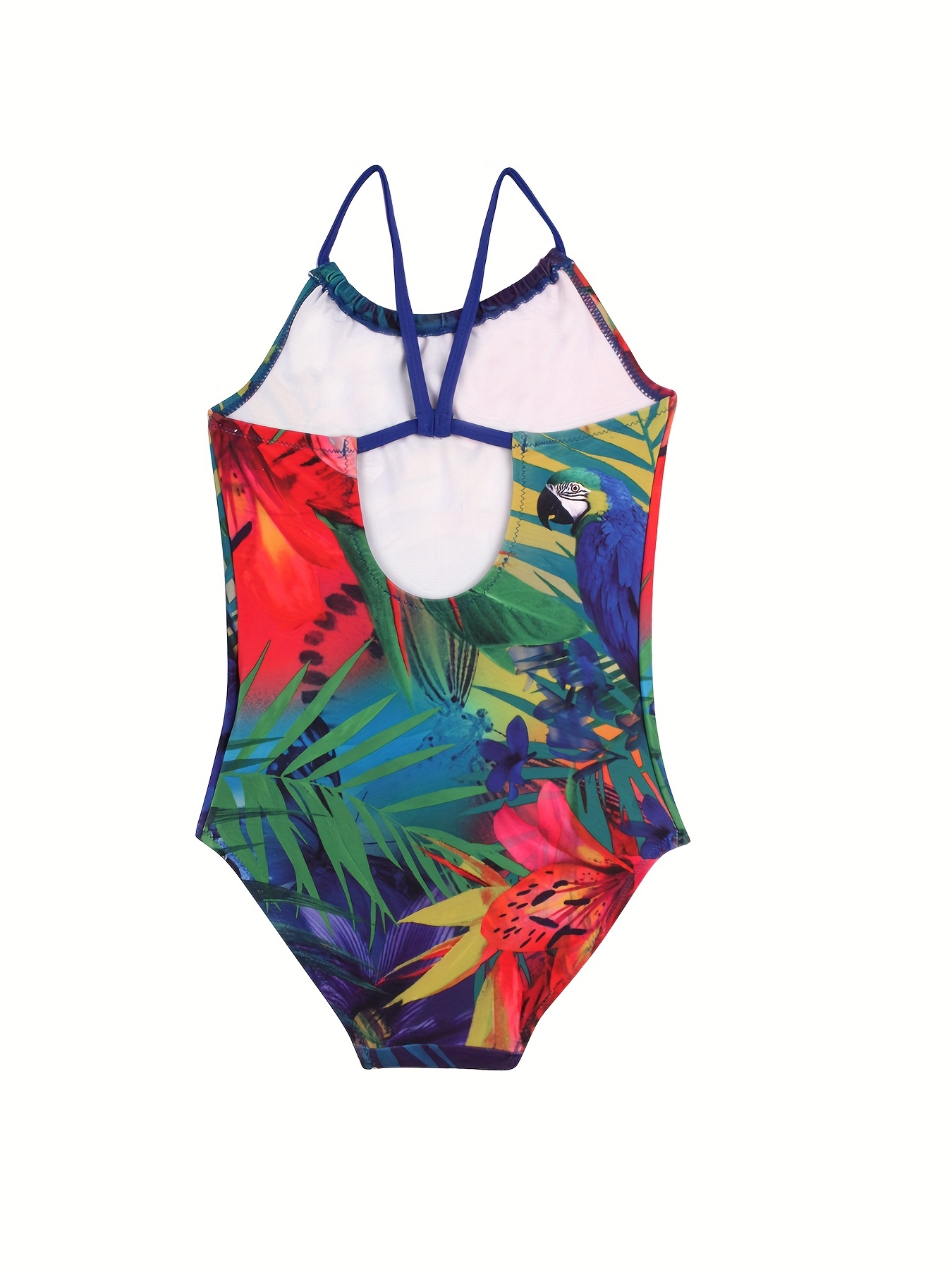 Girls Tropical Leaf Parrot Swimsuit Beachwear Round Neck