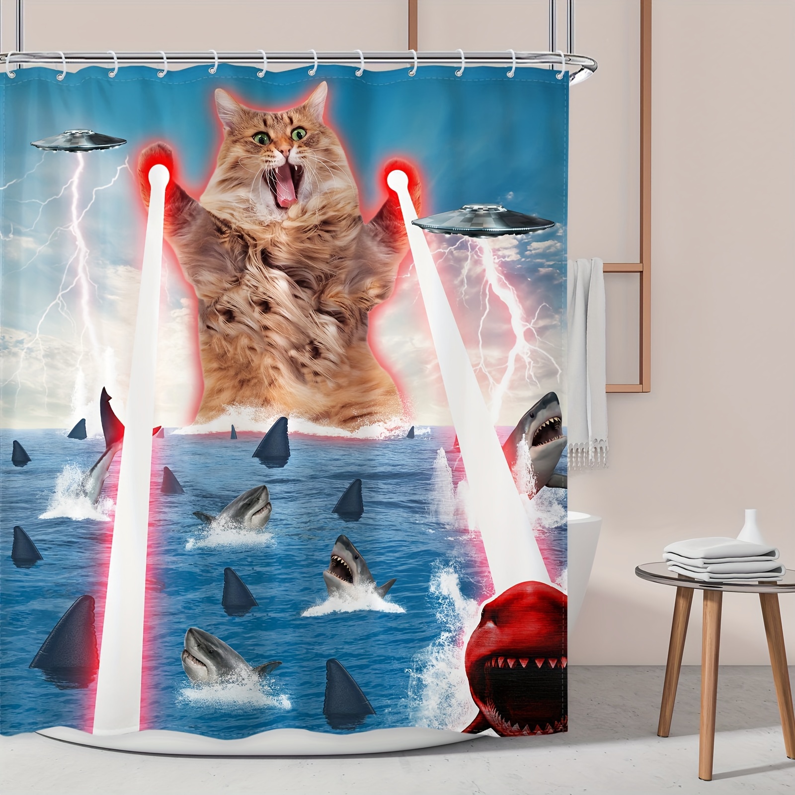  DESIHOM Divertidas cortinas de ducha extra largas de 84  pulgadas, juego de cortina de ducha con temática de tiburón y equitación de  gatos, juego de cortina de ducha divertida náutica para