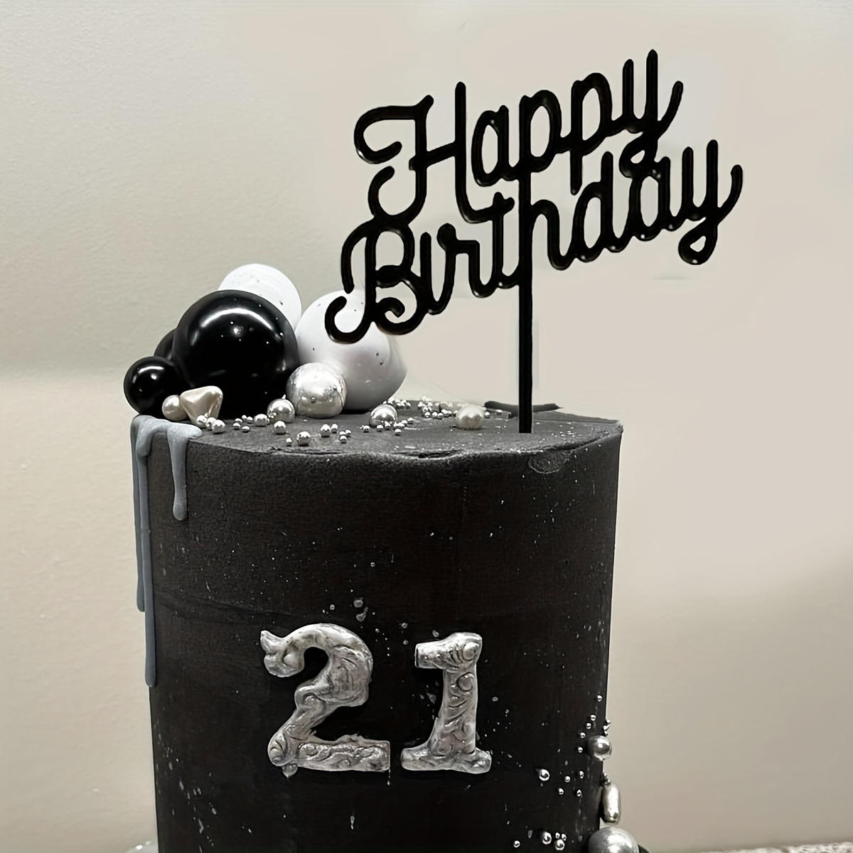 Black Glitter Happy Birthday Cake Topper, Birthday Party
