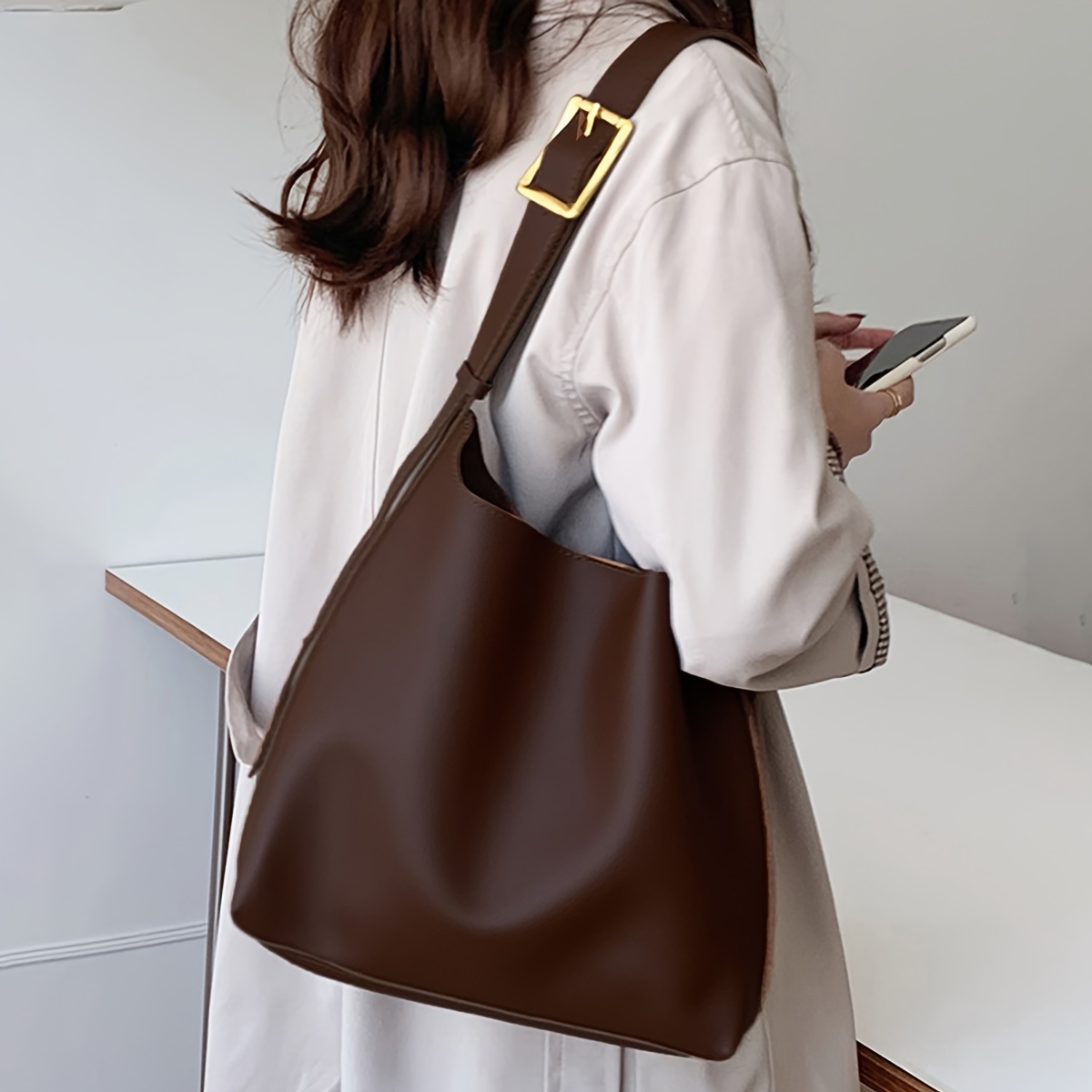 Casual Minimalist Hobo Shoulder Bag, Solid Color Versatile Handbag, Lightweight Work Bag For Women,$14.89,Coffee,Quilted