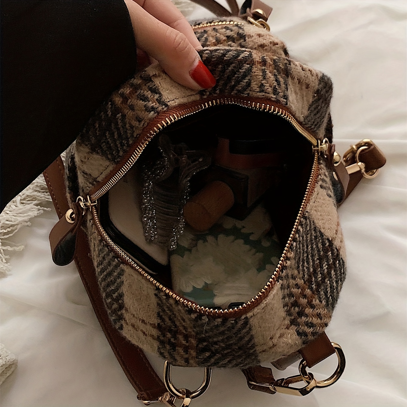 Women Vintage Style Leather Backpacks Fashion Plaid Shoulder Bags