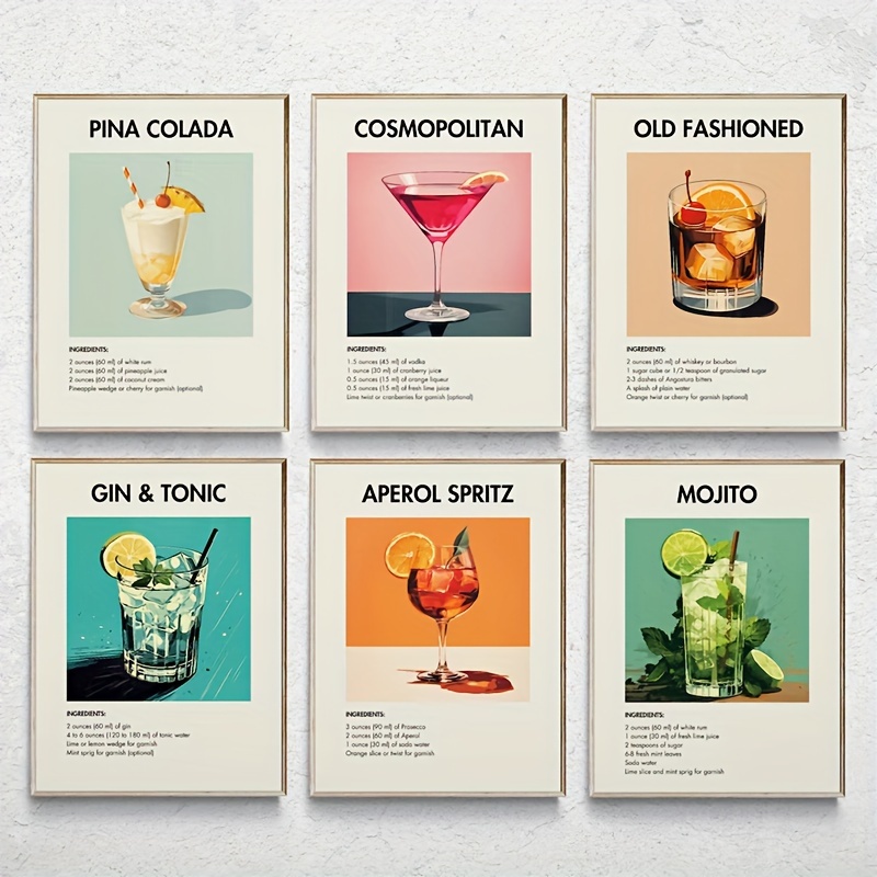 6pcs Classic Bar Cart Decor, Contains Ingredients Describing The Liquor, Trendy Cocktail Poster, Danish Pastel Alcohol Drink Canvas Wall Art, Colorful