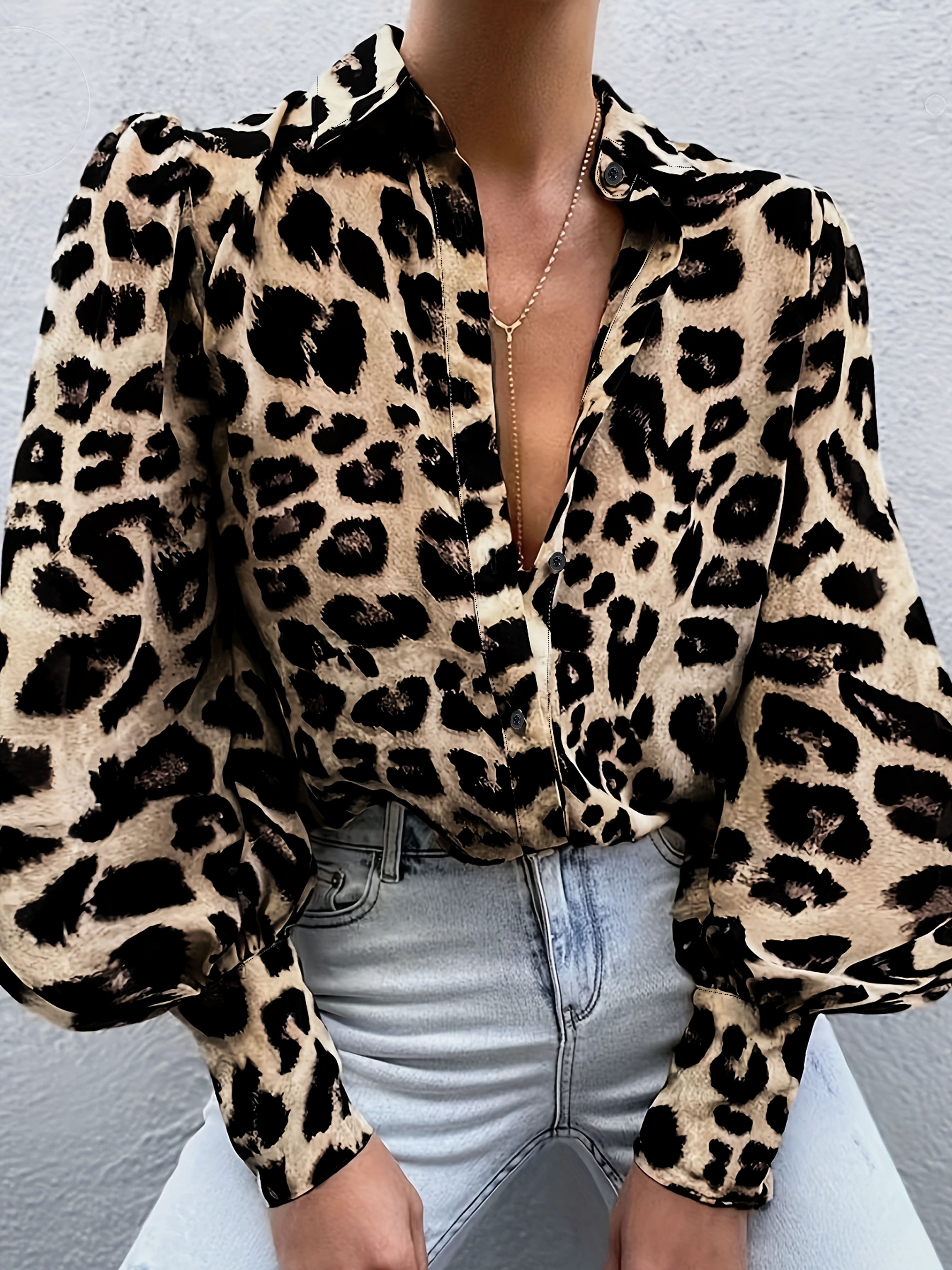 Leopard Print Button Front Shirt, Vintage Lantern Long Sleeve