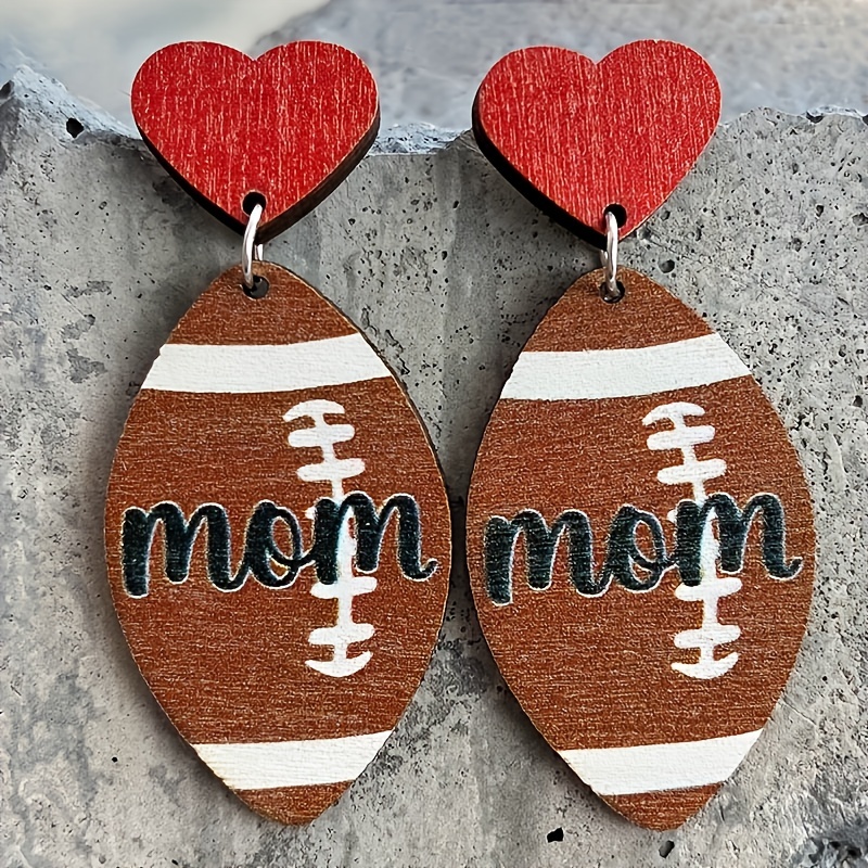 1 Pair Round & Heart-Shaped Wooden Earrings, Creative Baseball Basketball Rugby Football, Soccer Pattern Sports Earrings,Temu
