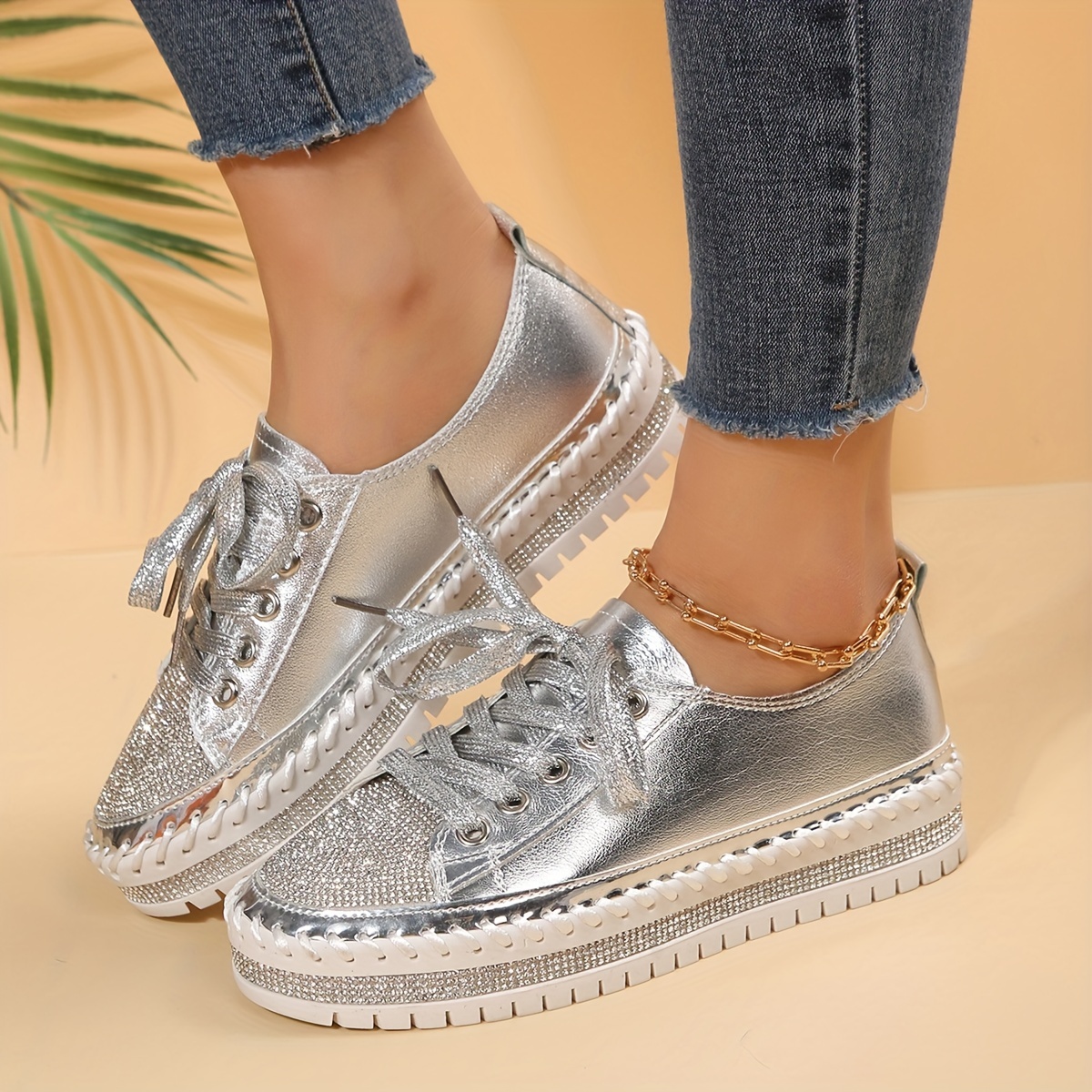 Women's Rhinestone Platform Sneakers Fashion Lace Up Low Top - Temu