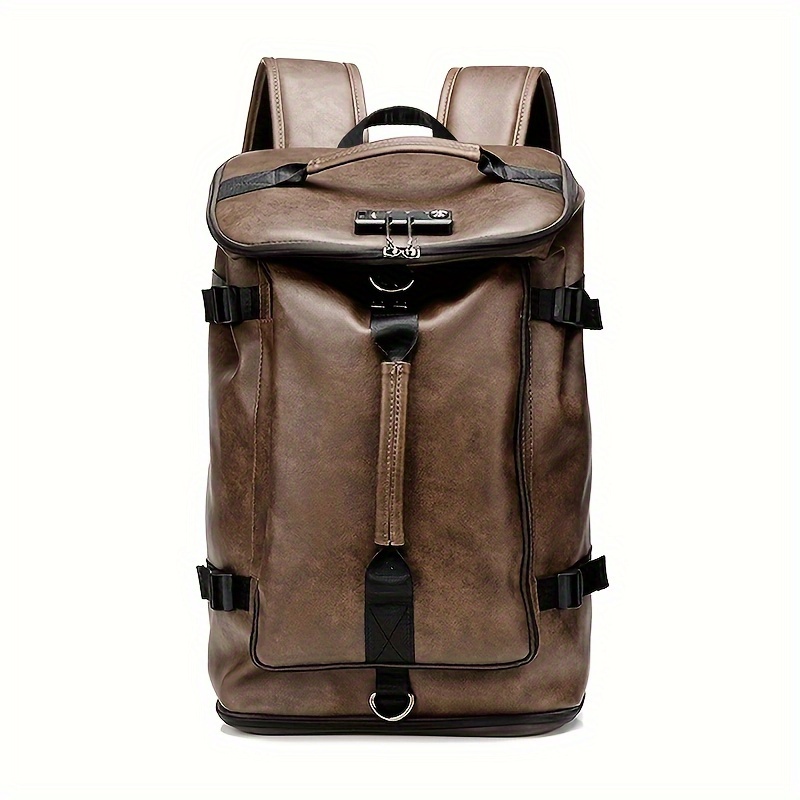 Men's Large Capacity Backpack Multi-functional Portable Travel Bag Trendy Lightweight PU Leather Bucket Backpack With Shoe Space For Outdoor Sports Travel - Click Image to Close